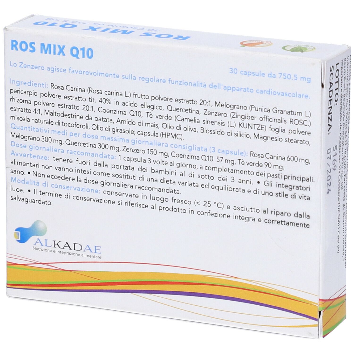 Scatola bianca con scritta blu ROS MIX Q10. Contiene 30 capsule. Marchio Alkadae.