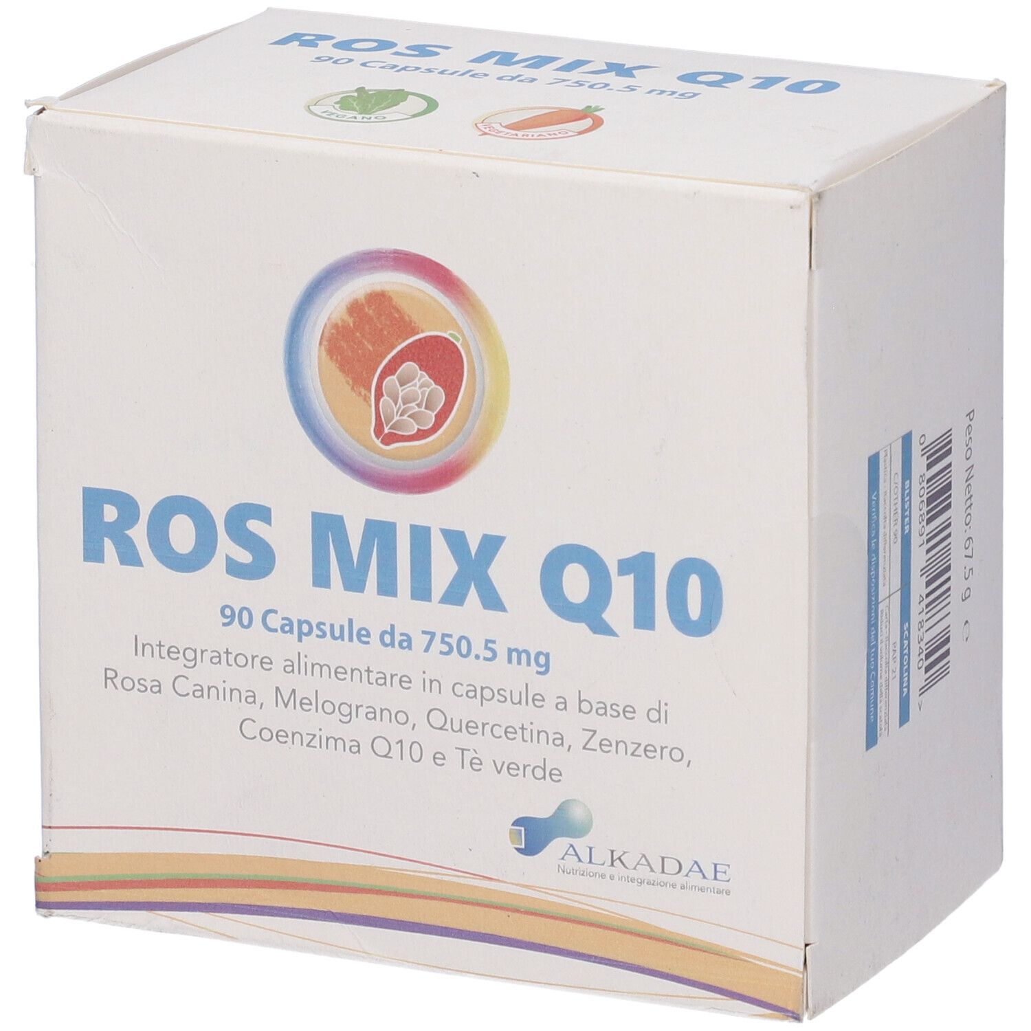 Scatola bianca ROS MIX Q10, 90 capsule. Scritta e logo Alkadae visibili.