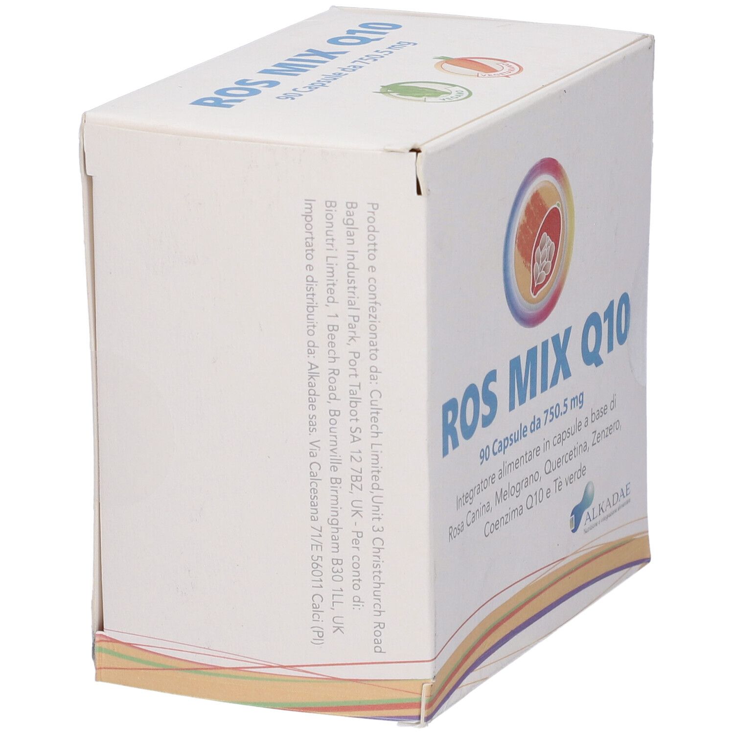 Scatola bianca ROS MIX Q10, 90 capsule. Testo e logo Alkadae visibili.