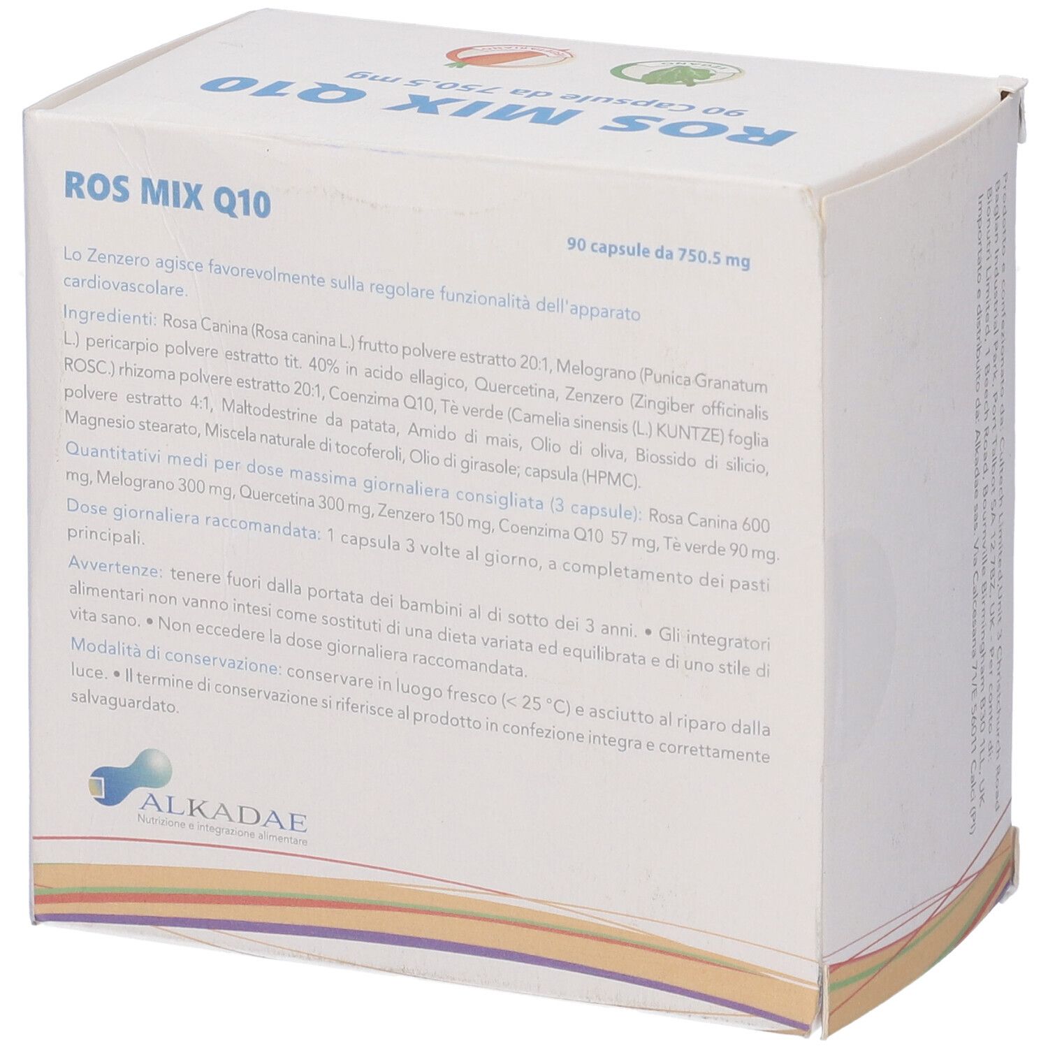 Scatola bianca ROS MIX Q10, 90 capsule. Testo e logo Alkadae visibili.