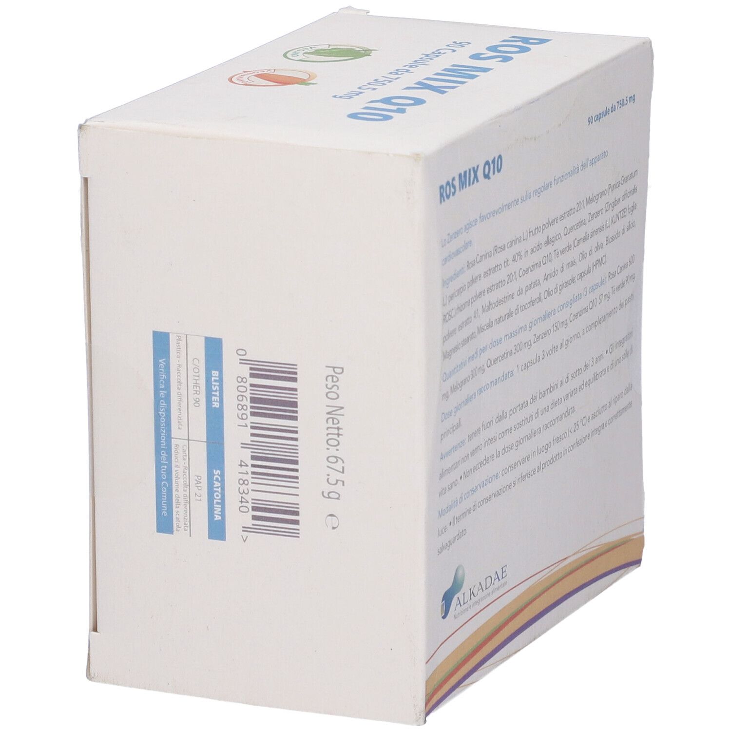 Scatola bianca ROS MIX Q10, 90 capsule. Testo e logo Alkadae visibili.