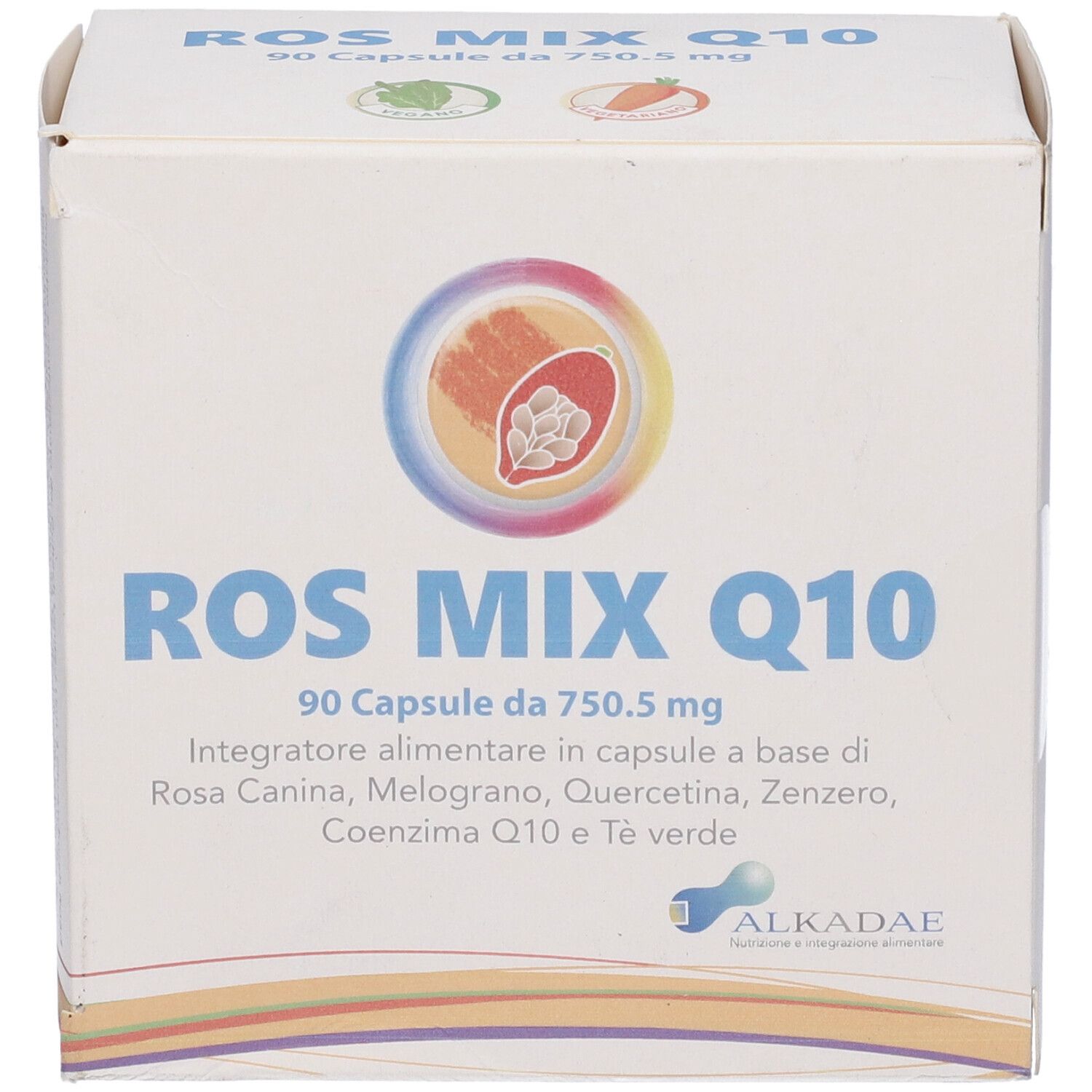 Scatola bianca ROS MIX Q10, 90 capsule. Testo e logo Alkadae visibili.