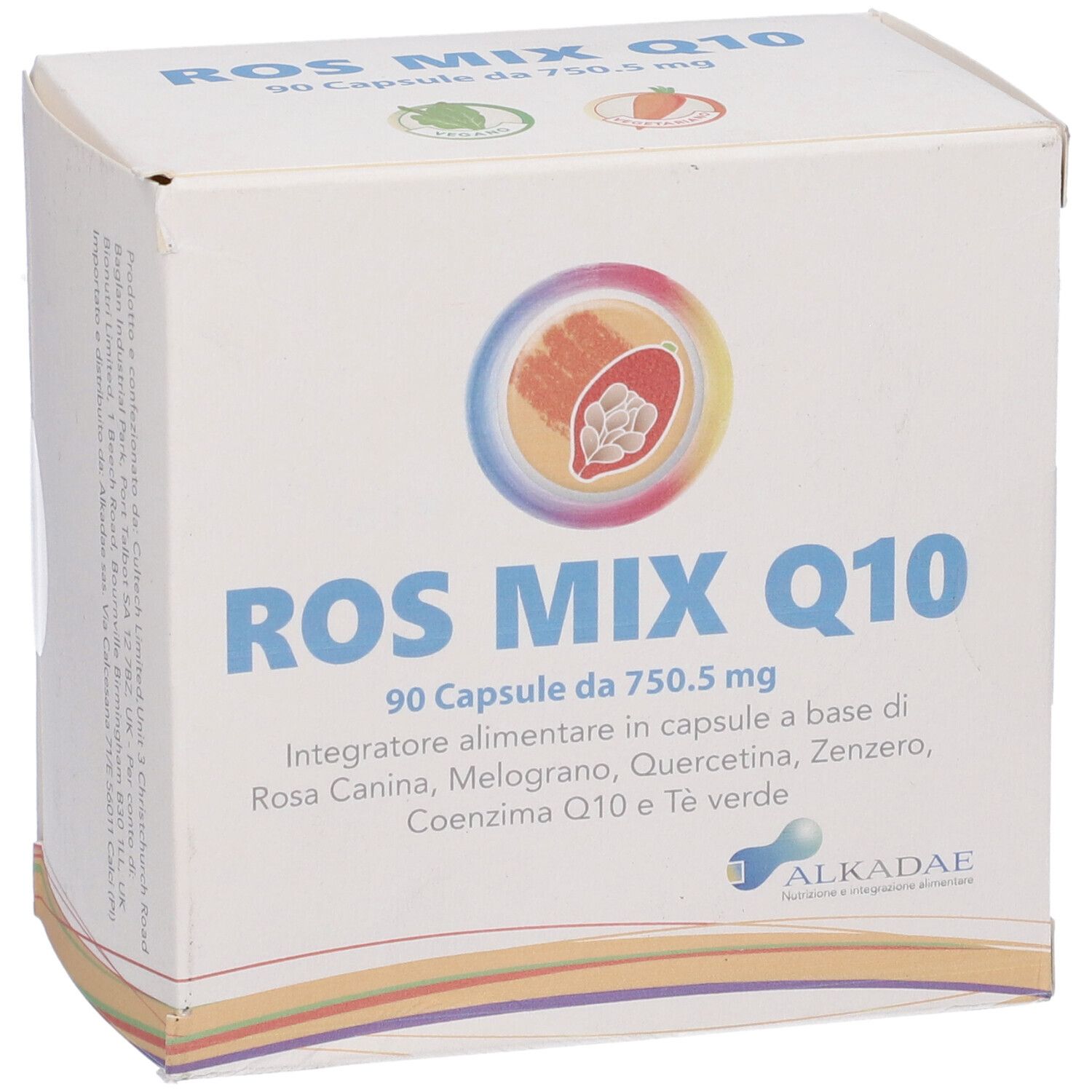 Scatola bianca ROS MIX Q10, 90 capsule. Testo e logo Alkadae visibili.