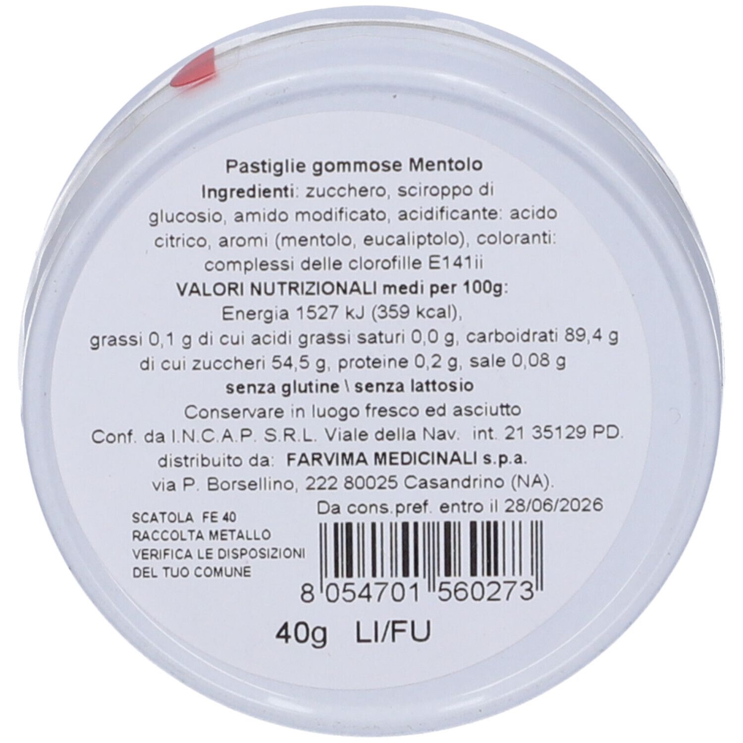 Fondo scatola rotondo con testo. Ingredienti, informazioni nutrizionali, produttore e codice a barre.