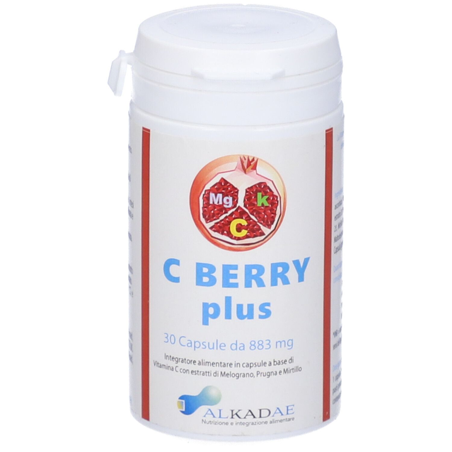 Barattolo bianco con scritta C Berry Plus. Contiene 30 capsule. Illustrazione di melograno.