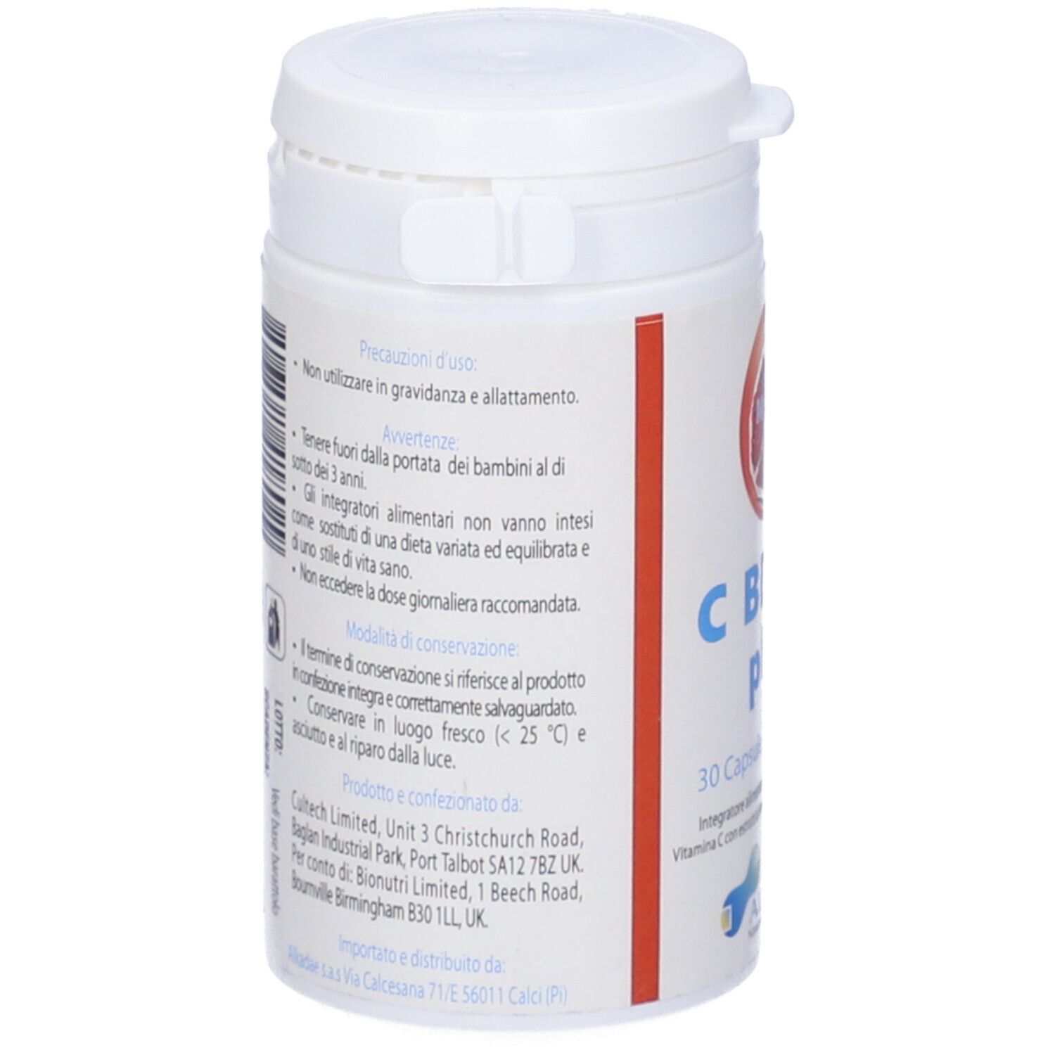 Barattolo bianco, retro con testo. Contiene avvertenze e informazioni sull'uso.