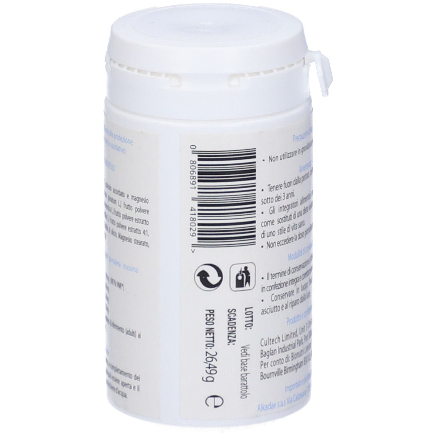 Barattolo bianco, retro con testo. Contiene informazioni su peso e durata.