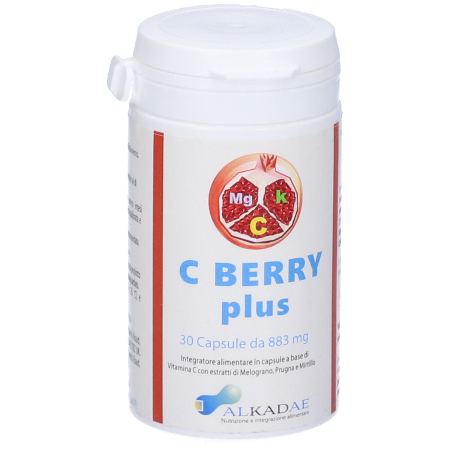 Barattolo bianco con scritta C Berry Plus. Contiene 30 capsule. Illustrazione di melograno.