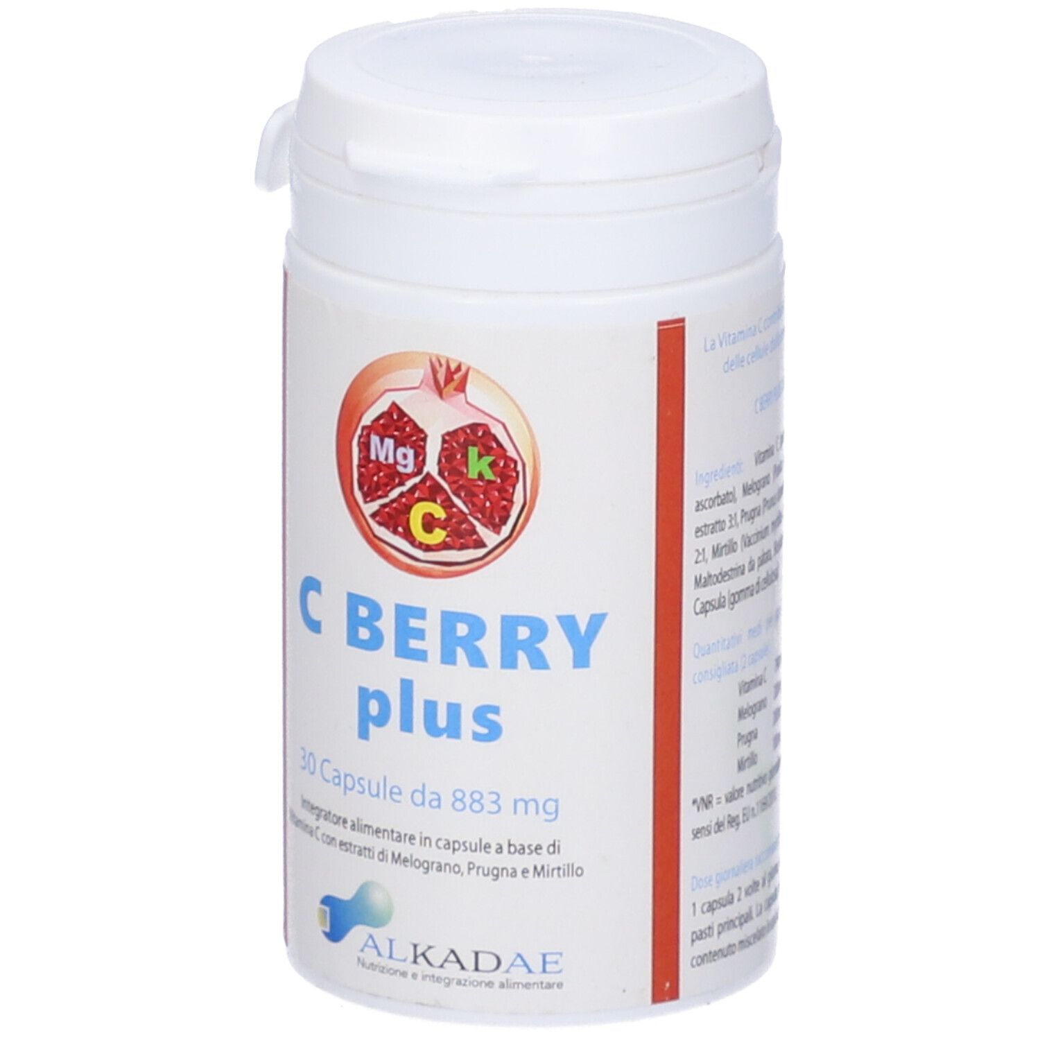Barattolo bianco con scritta C Berry Plus. Contiene 30 capsule. Illustrazione di melograno.