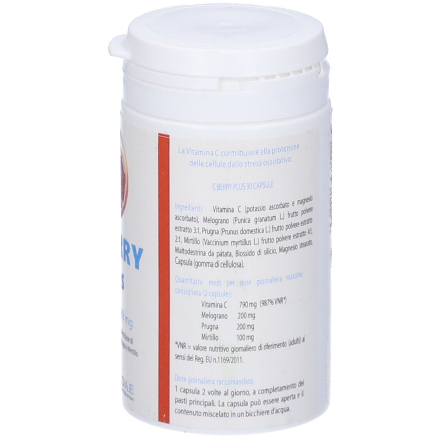 Barattolo bianco, retro con testo. Contiene ingredienti e informazioni nutrizionali.