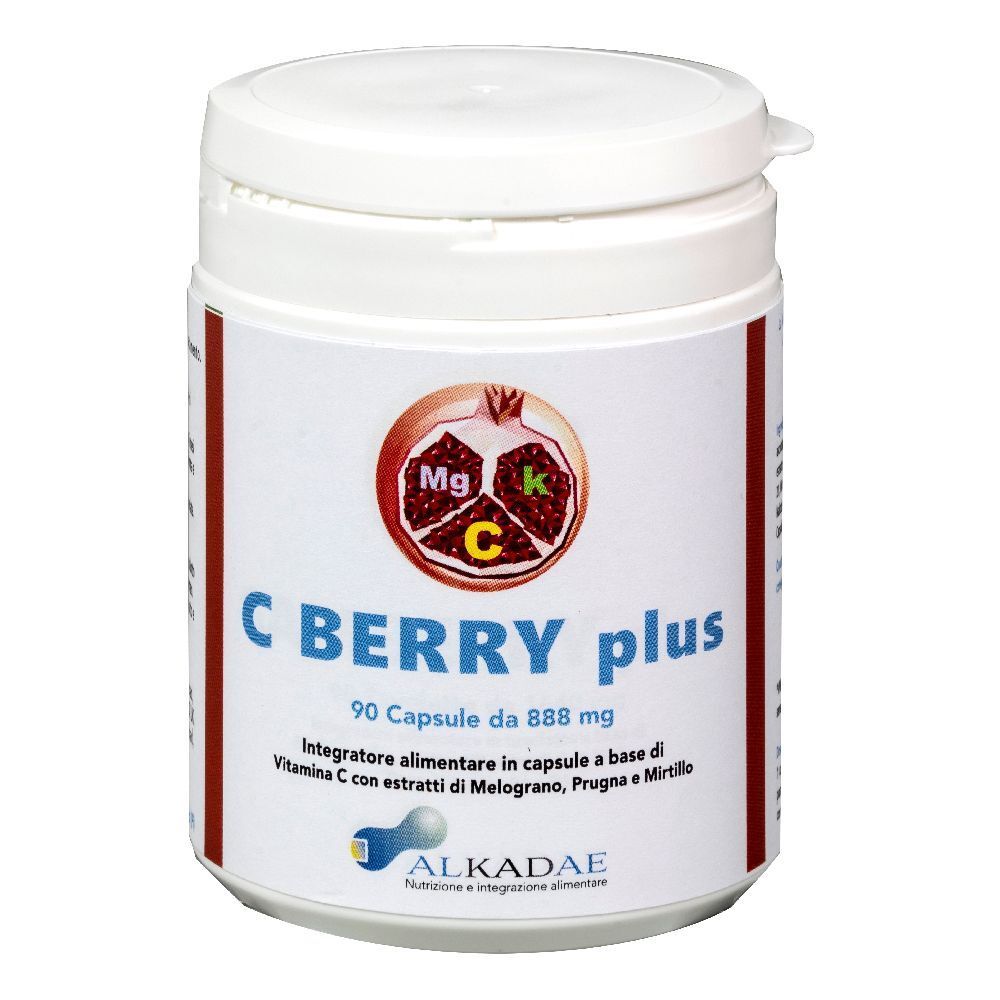 Barattolo bianco C Berry Plus, 90 capsule. Logo melograno. Integratore alimentare con vitamina C, estratti di melograno, prugna e mirtillo.