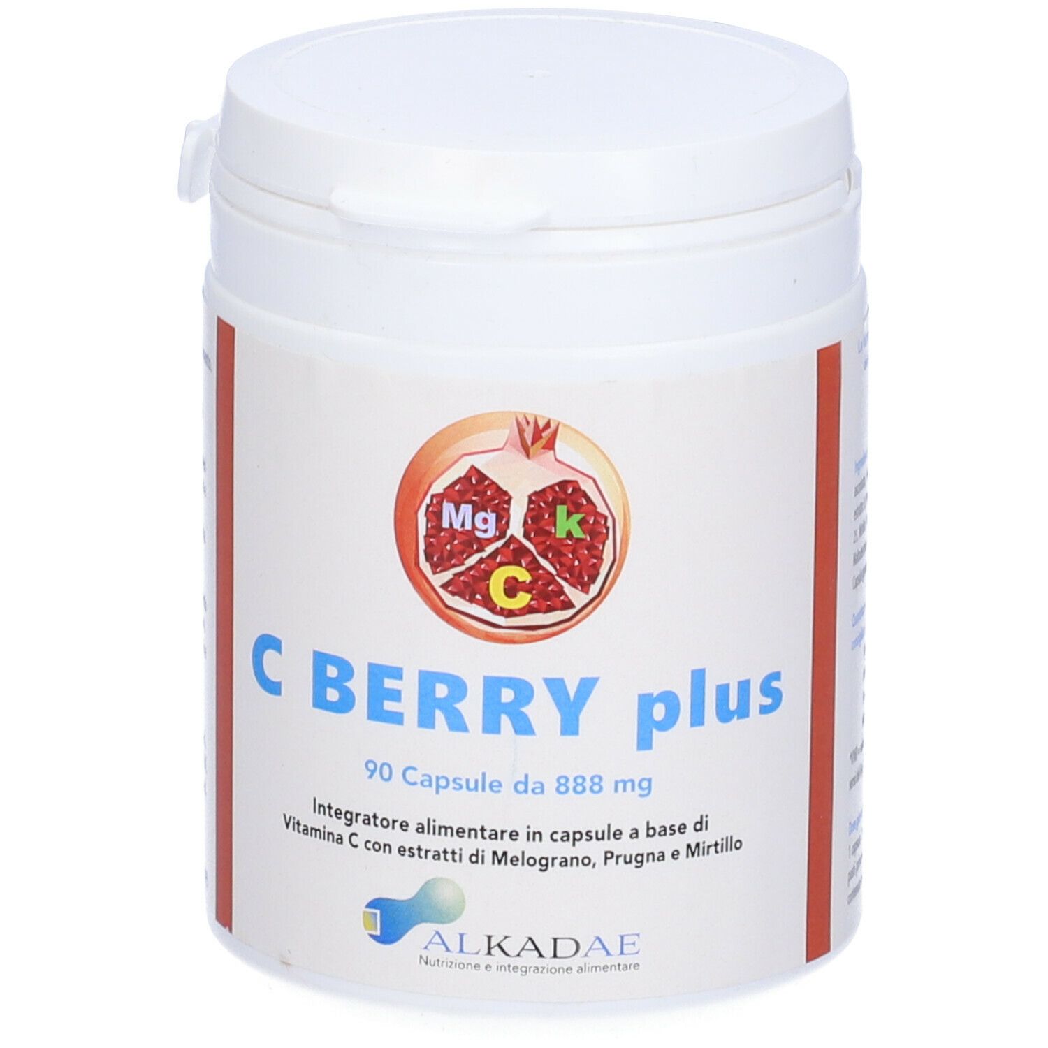 Barattolo bianco C Berry Plus, 90 capsule. Logo melograno. Integratore alimentare con vitamina C, estratti di melograno, prugna e mirtillo.