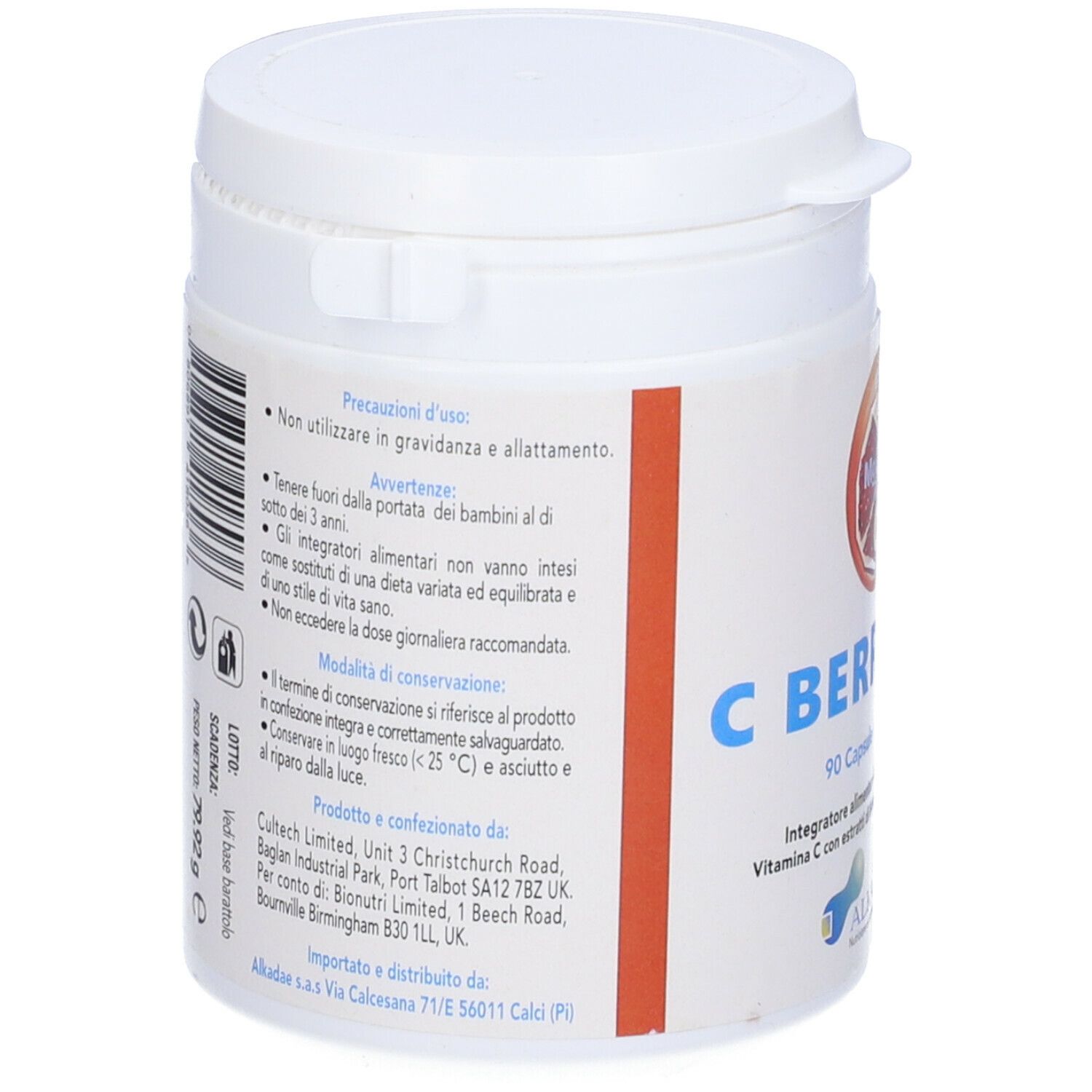 Retro del barattolo bianco. Testo con precauzioni, ingredienti, informazioni produttore e data di scadenza.