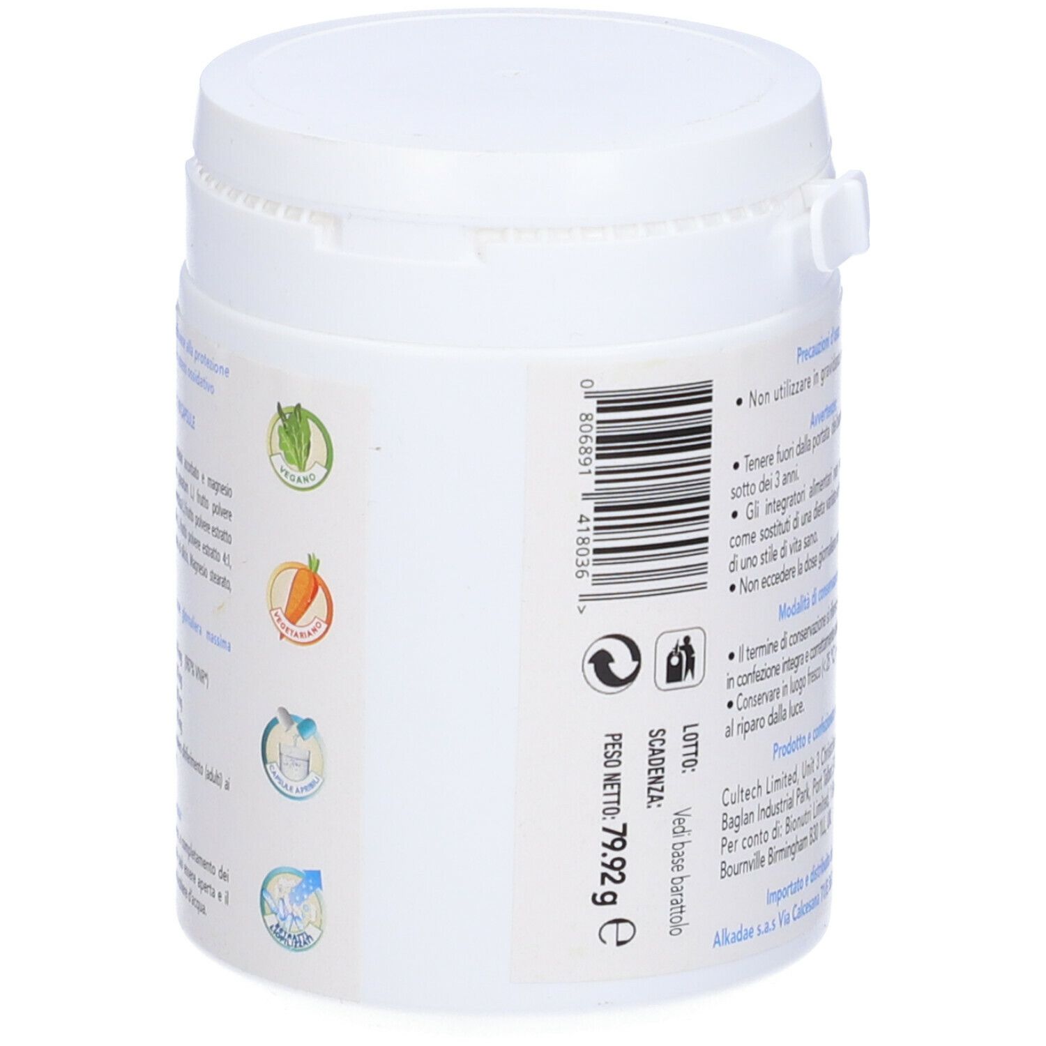 Retro del barattolo bianco. Testo con ingredienti, peso netto e informazioni produttore. Icone.