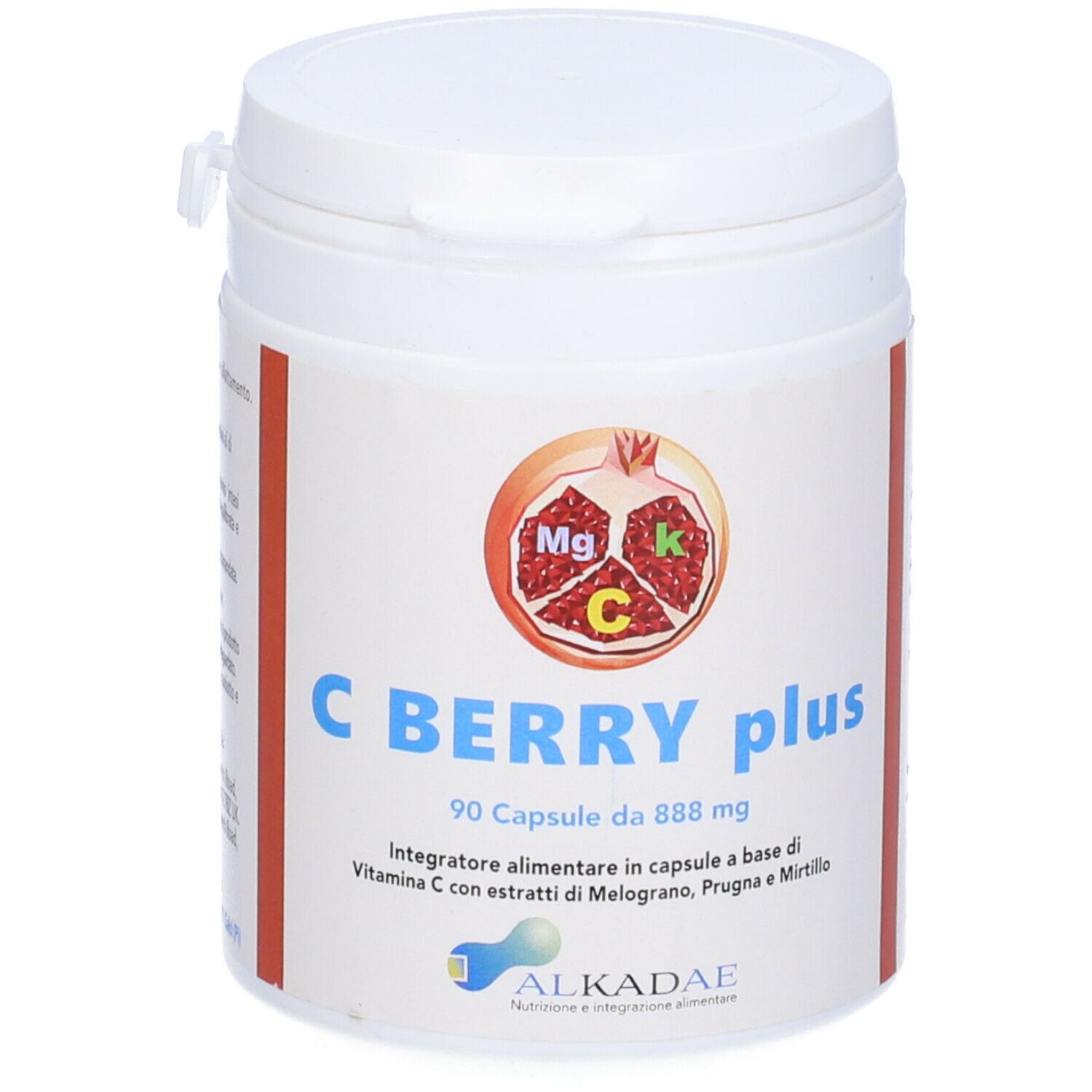 Barattolo bianco C Berry Plus, 90 capsule. Logo melograno. Integratore alimentare con vitamina C, estratti di melograno, prugna e mirtillo.