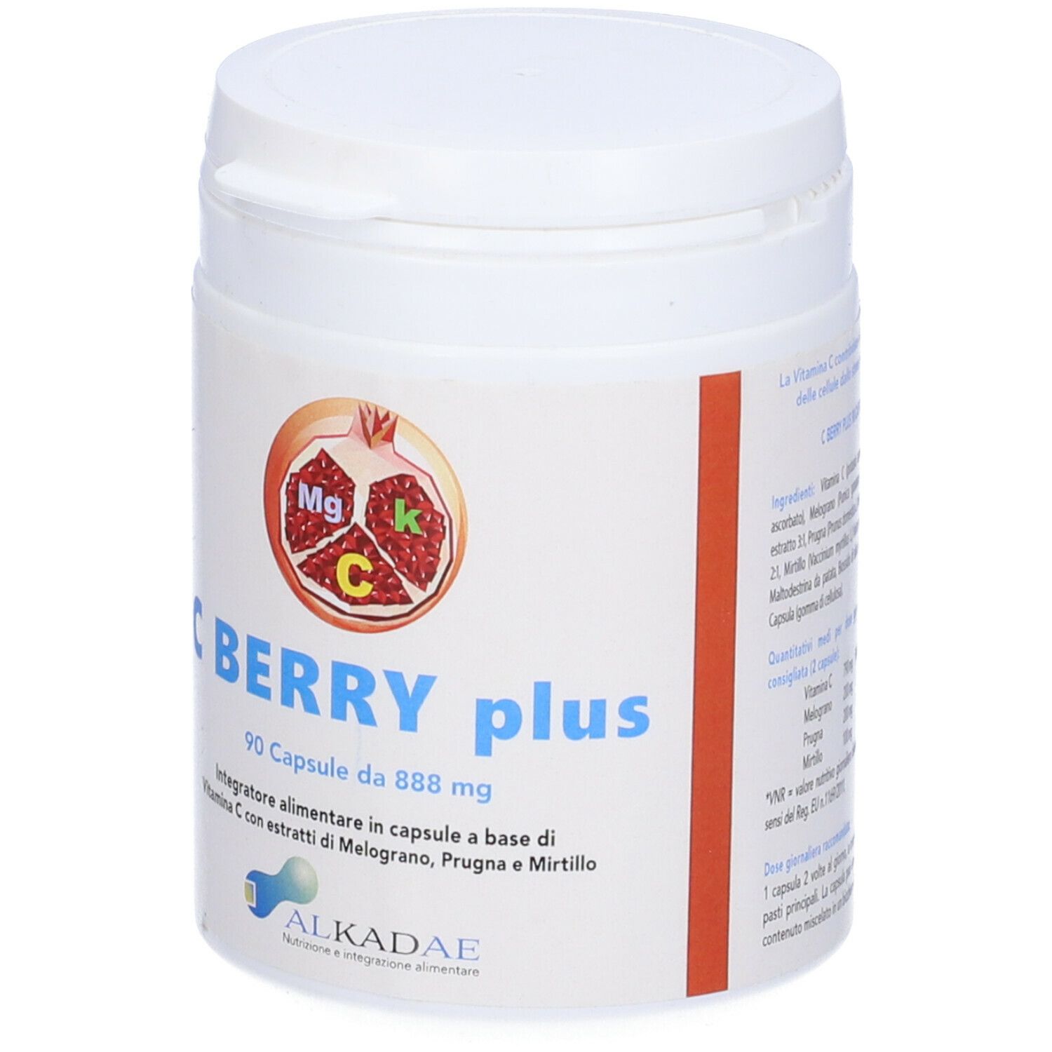 Barattolo bianco C Berry Plus, 90 capsule. Logo melograno. Integratore alimentare con vitamina C, estratti di melograno, prugna e mirtillo.