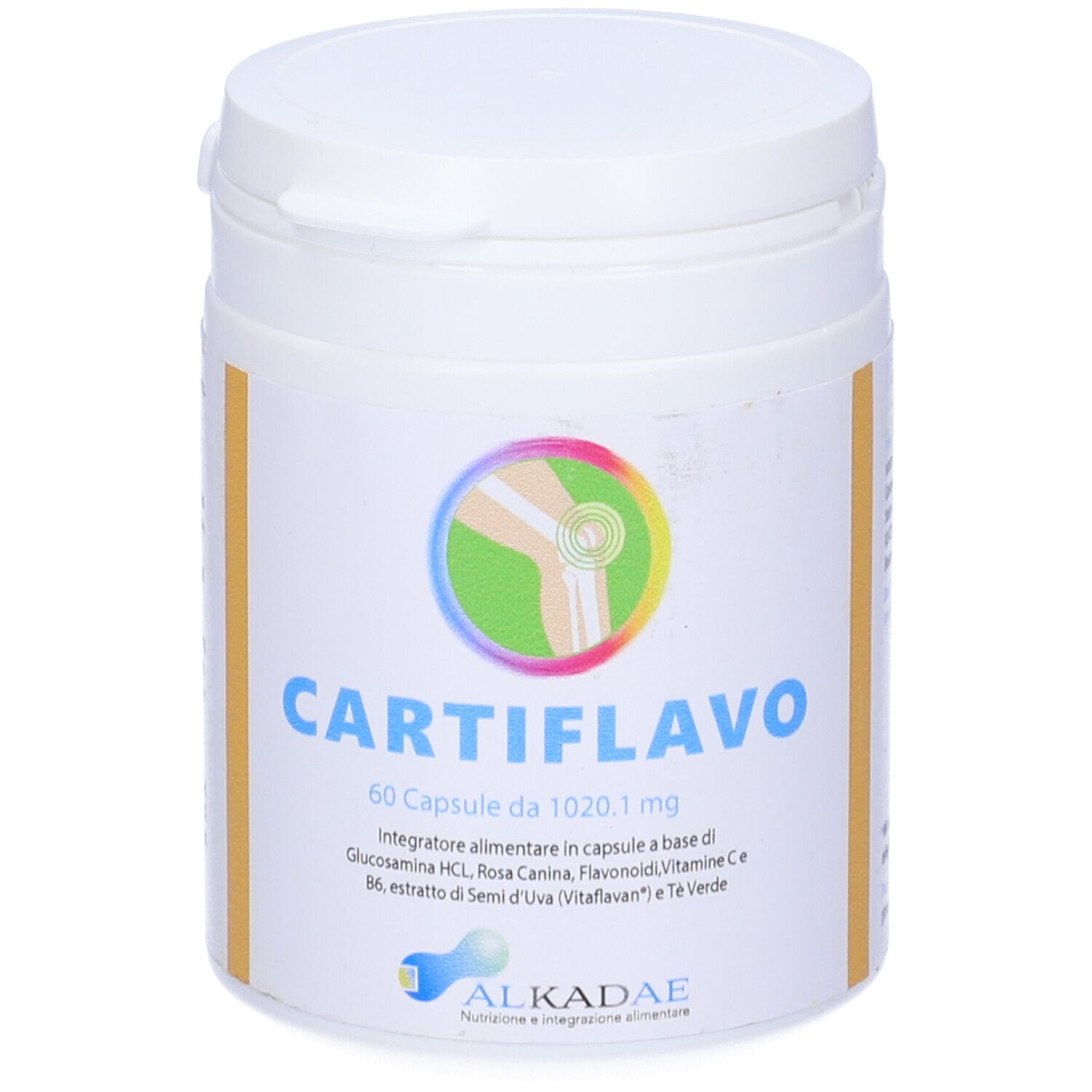 Contenitore cilindrico bianco con coperchio. Scritta CARTIFLAVO, 60 capsule. Logo e ingredienti.