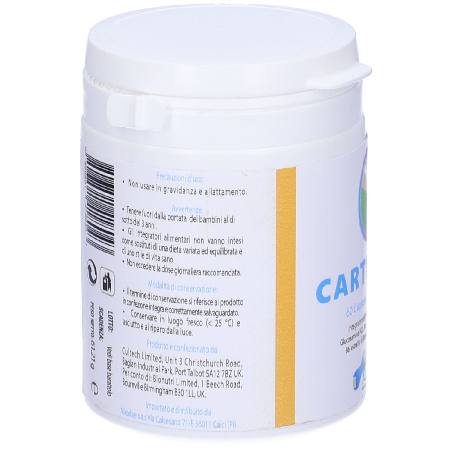 Contenitore cilindrico bianco con coperchio. Retro con testo e codice a barre. Strisce gialle.