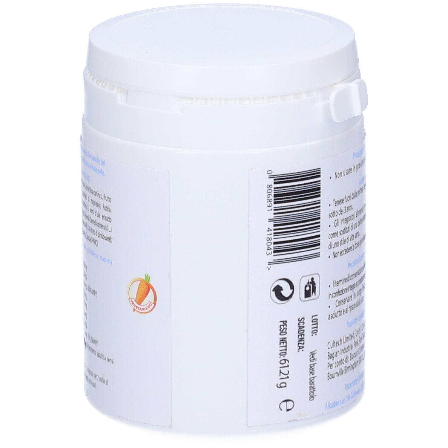 Contenitore cilindrico bianco con coperchio. Retro con testo e simbolo carota. Strisce gialle.