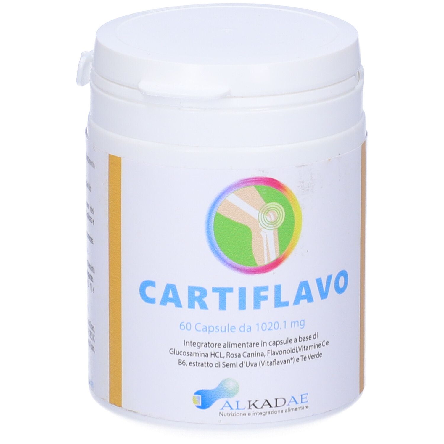 Contenitore cilindrico bianco con coperchio. Scritta CARTIFLAVO, 60 capsule. Logo e ingredienti.