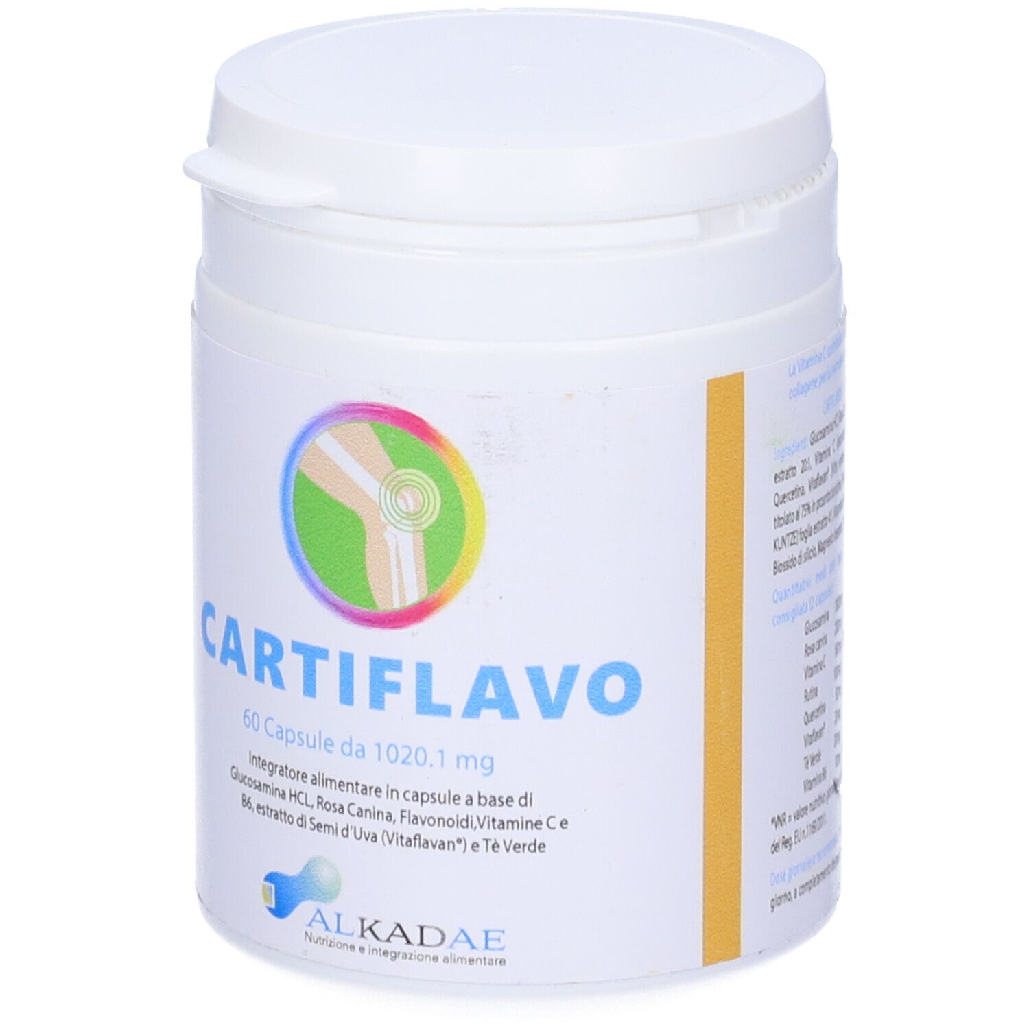 Contenitore cilindrico bianco con coperchio. Scritta CARTIFLAVO, 60 capsule. Logo e ingredienti.