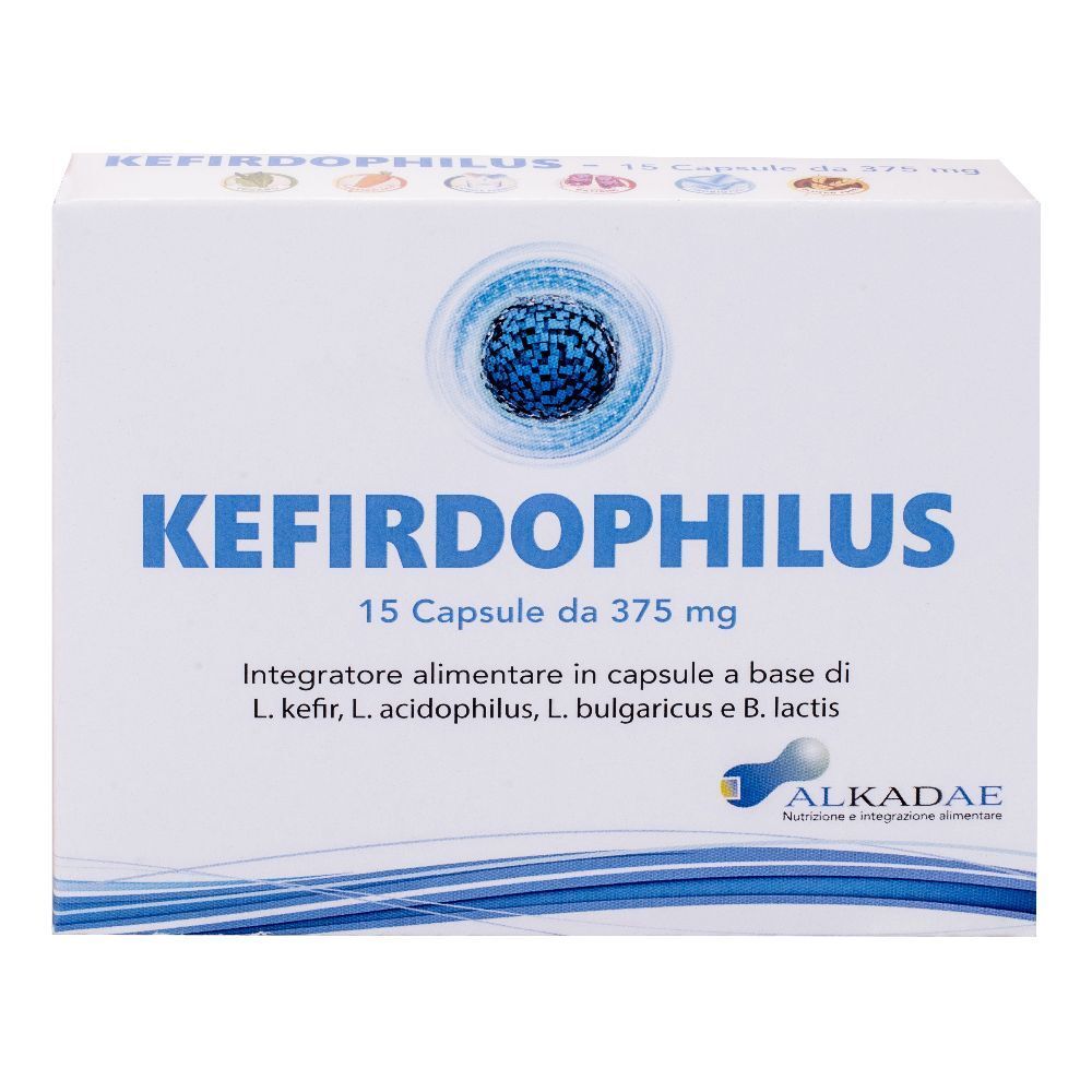 Scatola bianca con scritta « KEFIRDOPHILUS ». Contiene 15 capsule. Marchio: ALKADAE.
