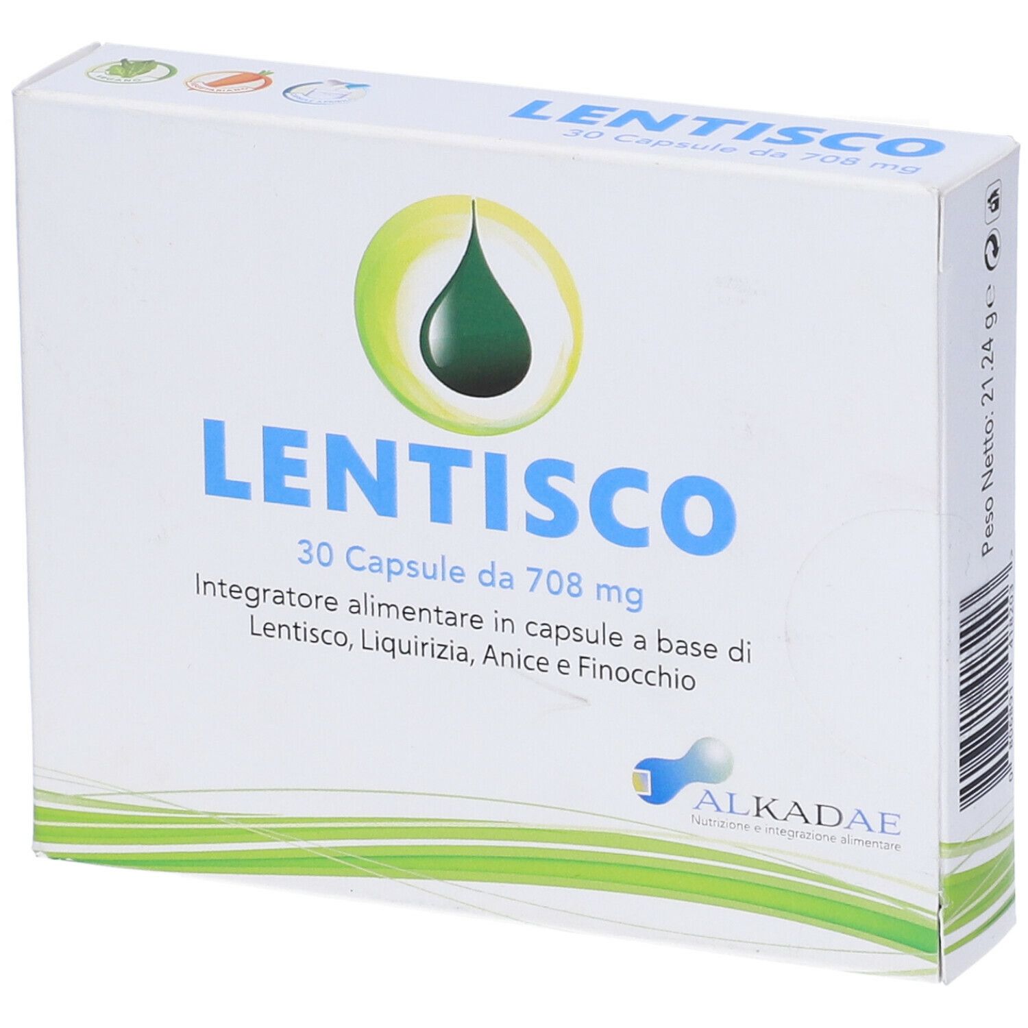 Scatola LENTISCO, 30 capsule. Contiene Lentisco, Liquirizia, Anice e Finocchio. Marchio ALKADAE. Vista laterale.