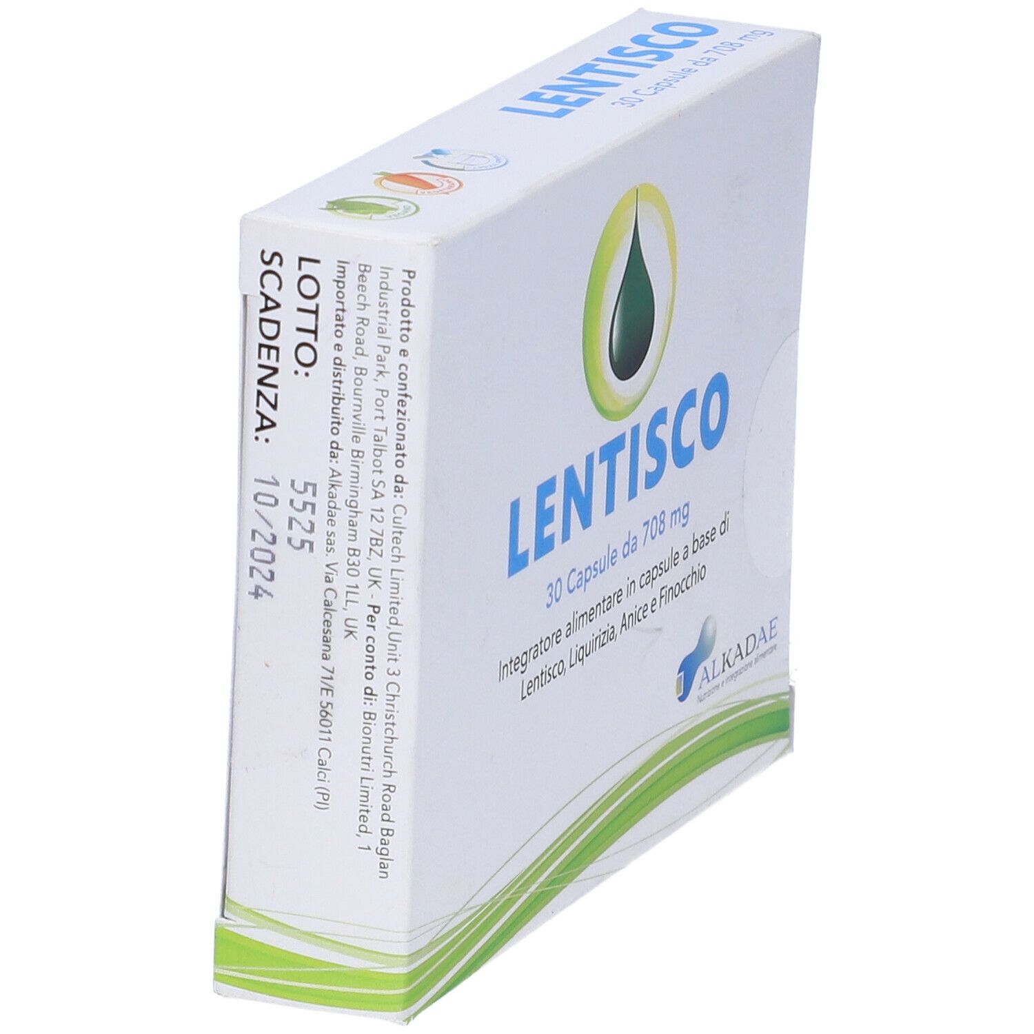 Scatola LENTISCO, 30 capsule. Contiene Lentisco, Liquirizia, Anice e Finocchio. Marchio ALKADAE. Vista obliqua.