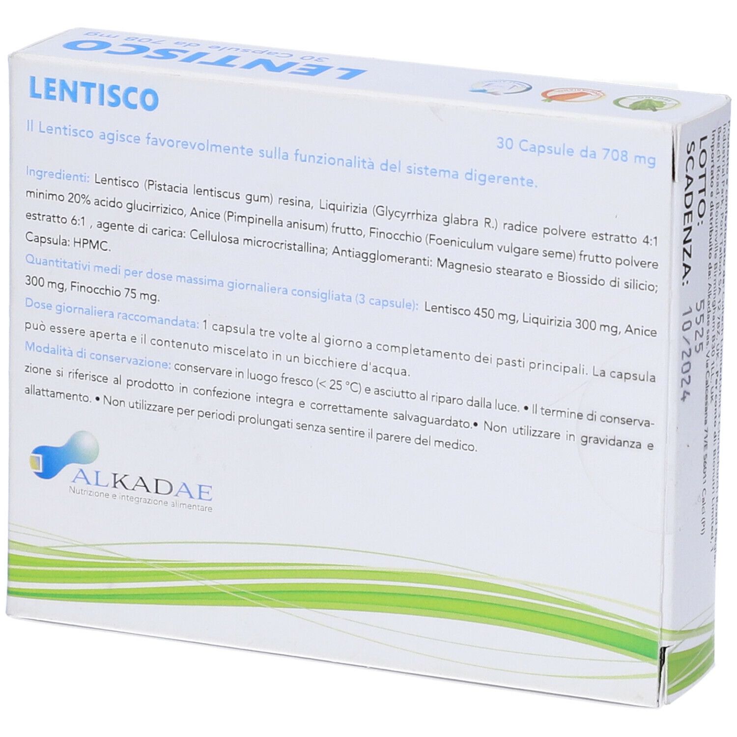Retro della scatola LENTISCO. Contiene informazioni su ingredienti, dosaggio e produttore. Marchio ALKADAE.