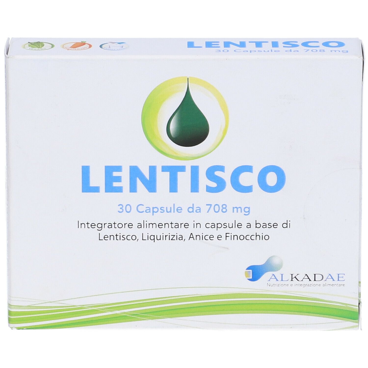 Scatola di LENTISCO, 30 capsule. Contiene Lentisco, Liquirizia, Anice e Finocchio. Marchio ALKADAE.