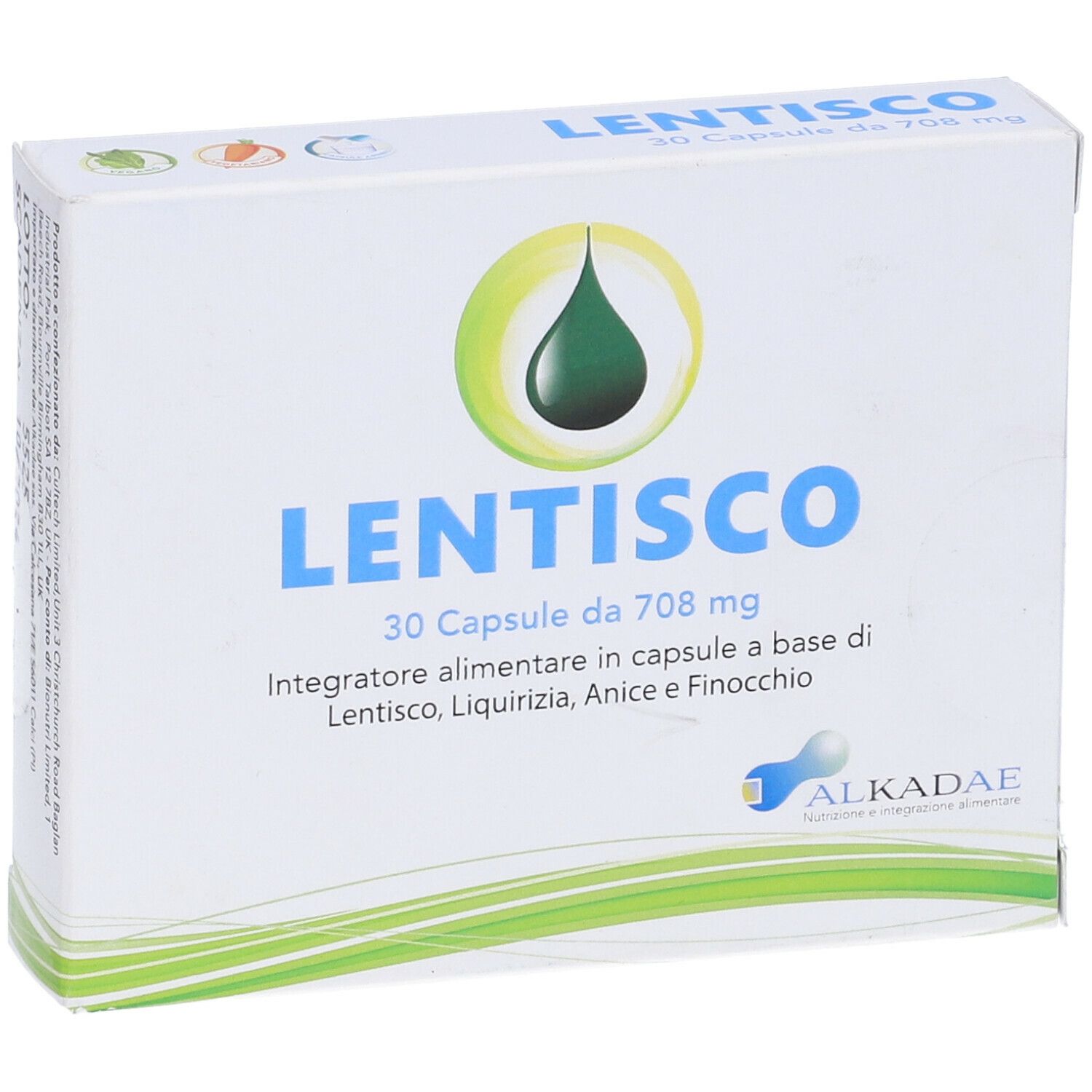 Scatola di LENTISCO, 30 capsule. Contiene Lentisco, Liquirizia, Anice e Finocchio. Marchio ALKADAE.