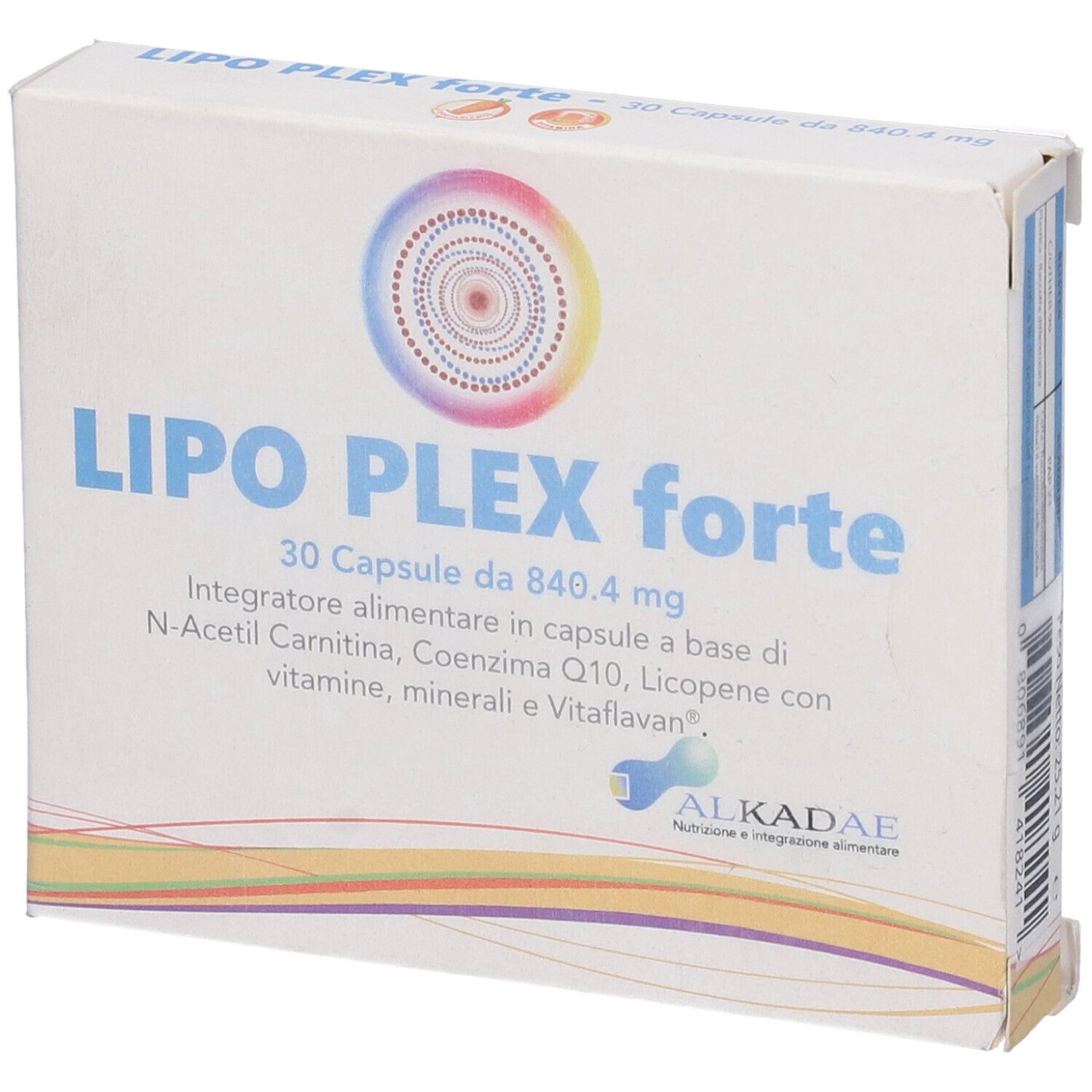 Scatola LIPO PLEX forte, 30 capsule. Contiene N-Acetil Carnitina, Coenzima Q10, Vitamine. Marchio ALKADAE.
