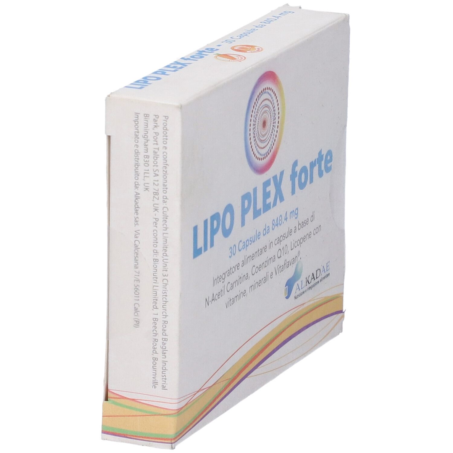 Scatola LIPO PLEX forte, 30 capsule. Contiene N-Acetil Carnitina, Coenzima Q10, Vitamine. Marchio ALKADAE.
