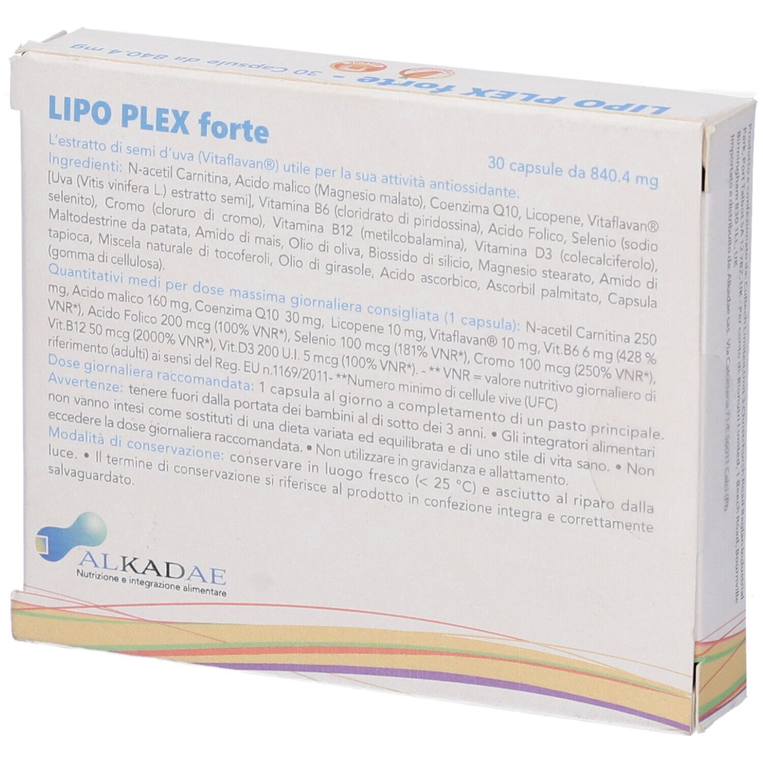 Scatola LIPO PLEX forte, 30 capsule. Contiene N-Acetil Carnitina, Coenzima Q10, Vitamine. Marchio ALKADAE.