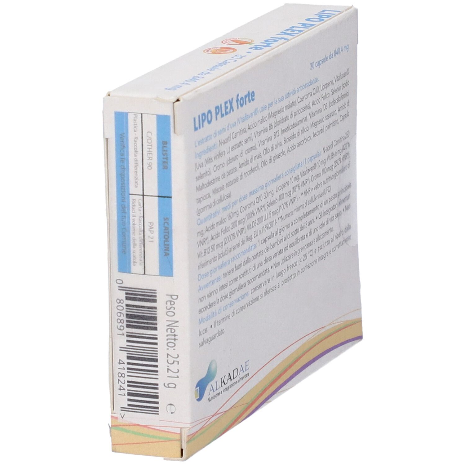 Scatola LIPO PLEX forte, 30 capsule. Contiene N-Acetil Carnitina, Coenzima Q10, Vitamine. Marchio ALKADAE.
