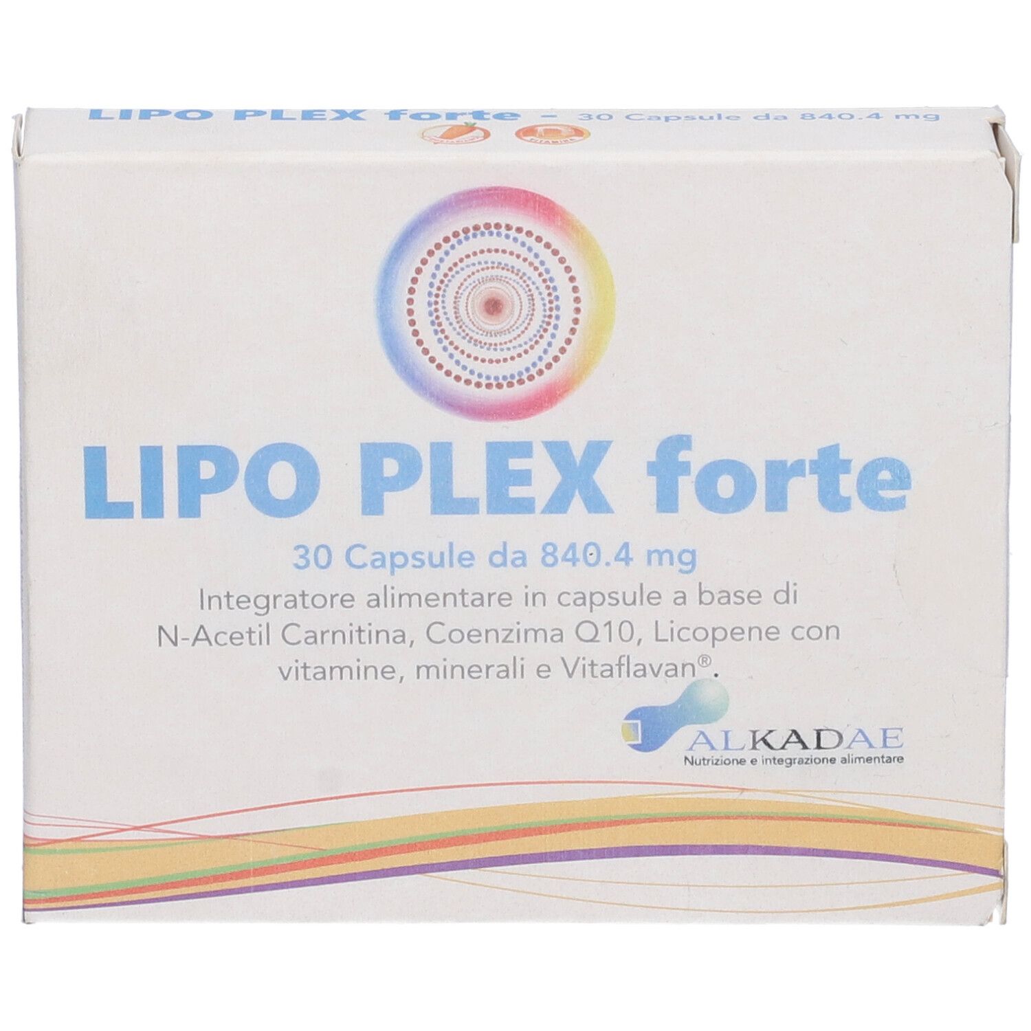 Scatola LIPO PLEX forte, 30 capsule. Contiene N-Acetil Carnitina, Coenzima Q10, Vitamine. Marchio ALKADAE.