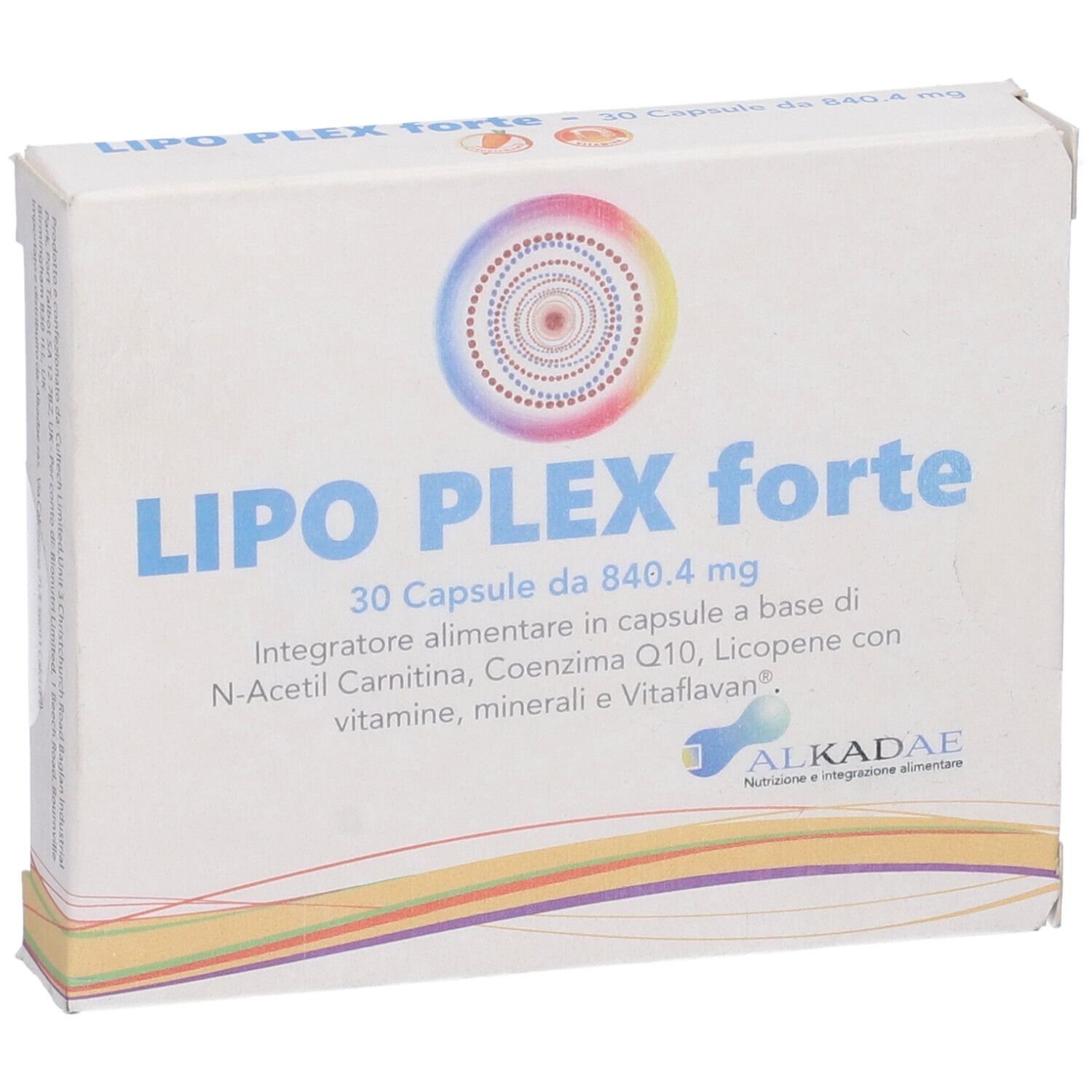 Scatola LIPO PLEX forte, 30 capsule. Contiene N-Acetil Carnitina, Coenzima Q10, Vitamine. Marchio ALKADAE.
