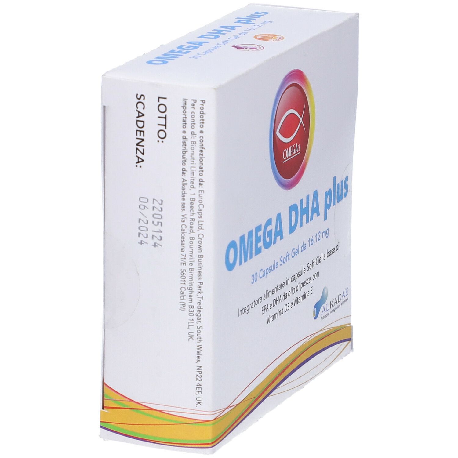 Scatola di capsule Omega DHA plus, vista laterale. Scritta: Omega DHA plus. Marchio: Alkadae. Data di scadenza.