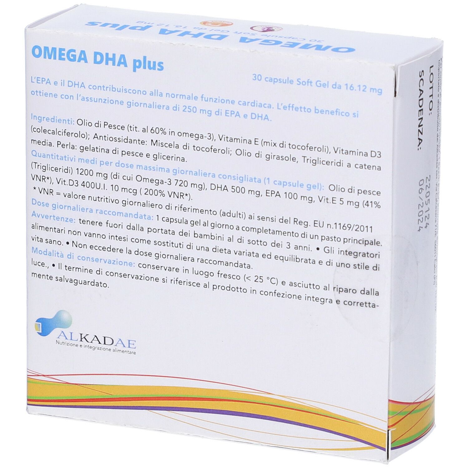 Retro della scatola di capsule Omega DHA plus. Testo: ingredienti, dosaggio, avvertenze. Marchio: Alkadae.