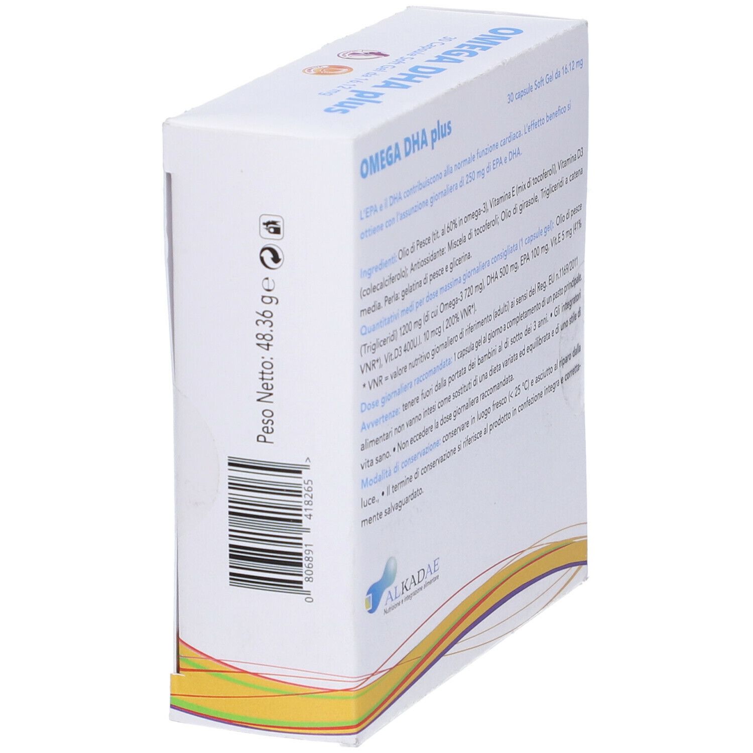 Scatola di capsule Omega DHA plus, vista laterale. Scritta: peso, ingredienti. Marchio: Alkadae.