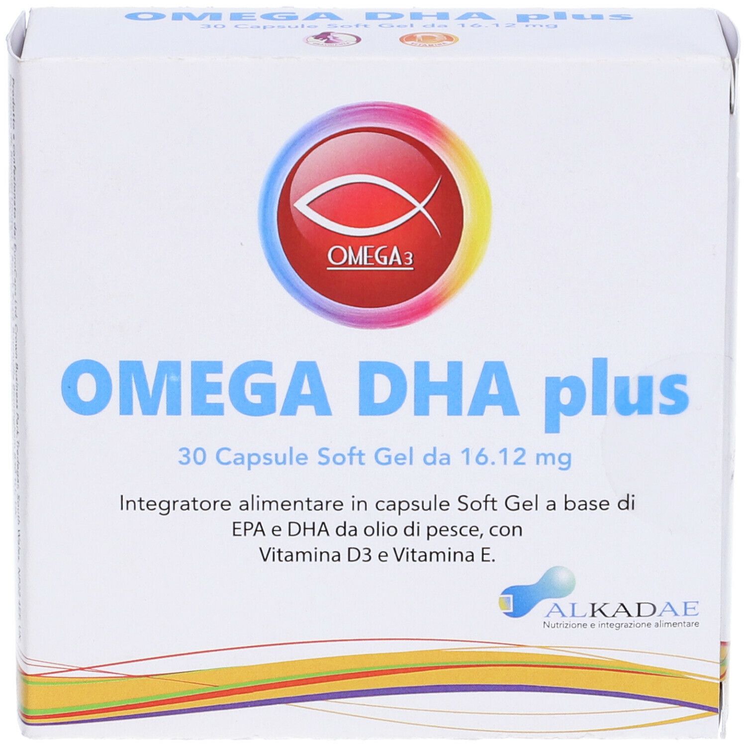Scatola di capsule Omega DHA plus. Scritta: 30 capsule. Marchio: Alkadae. Integratore a base di olio di pesce.