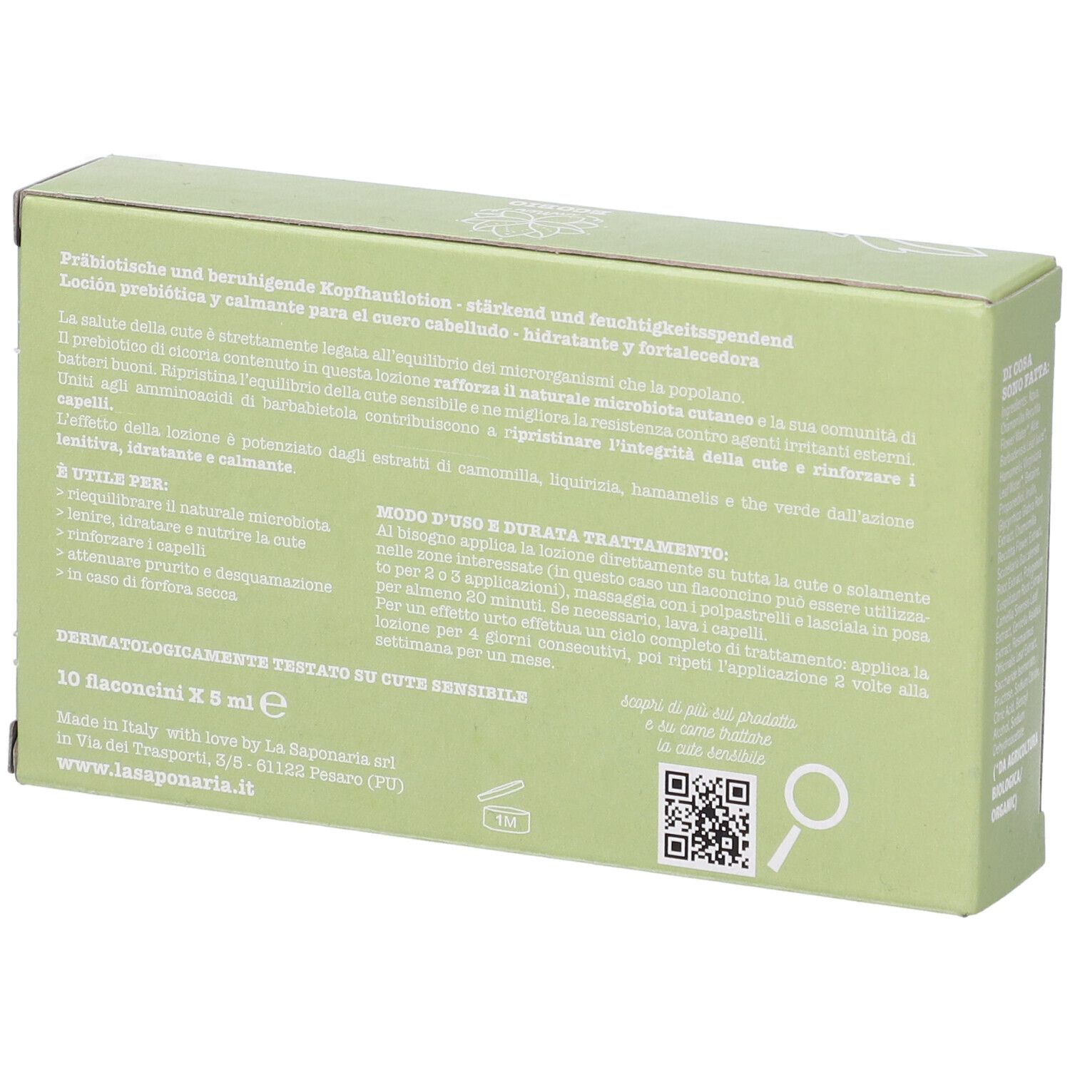 Retro della scatola verde. Testo: Lozione Cute, Prebiotica, Lenitiva. Istruzioni per l'uso. 10 fiale x 8 ml.