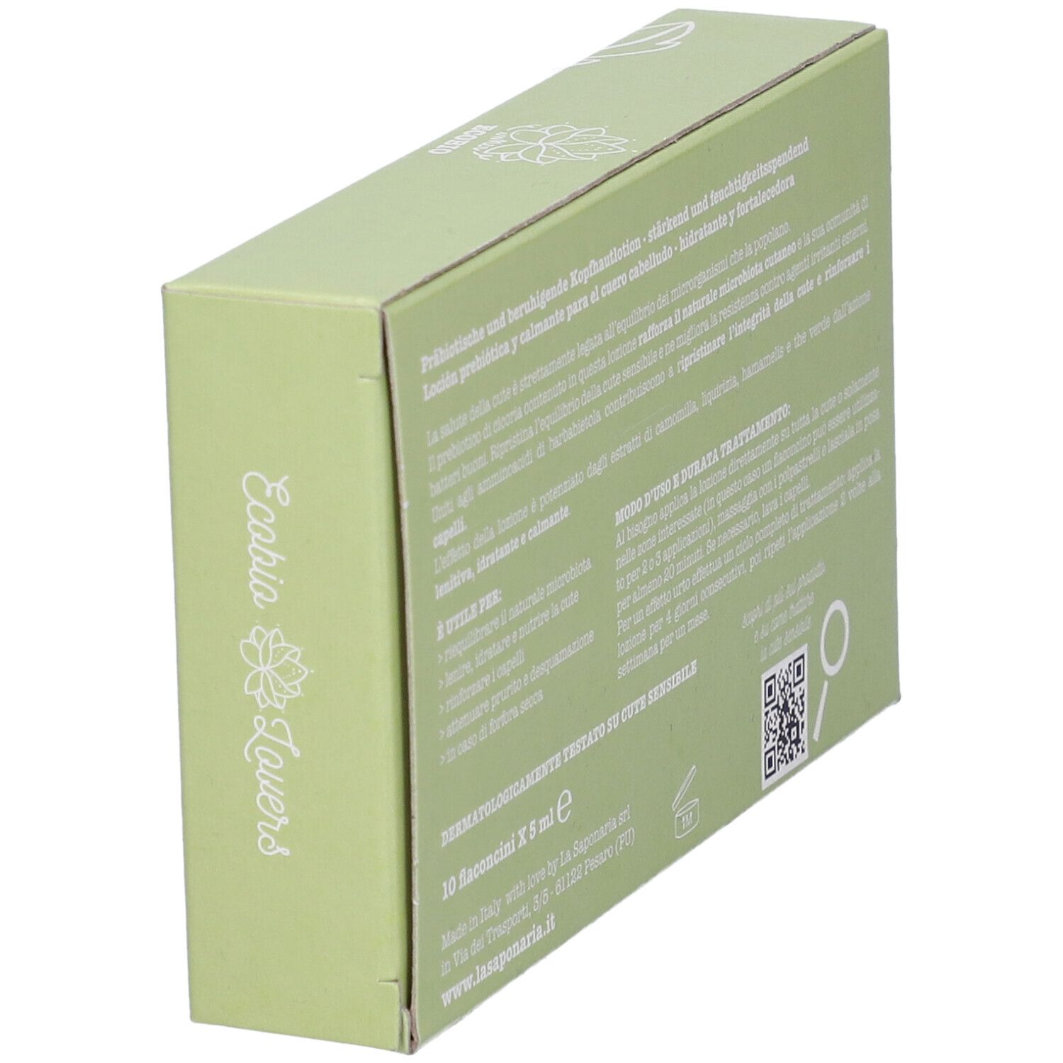 Scatola verde, in diagonale. Testo: Lozione Cute, Prebiotica, Lenitiva. Logo: La Saponaria. Testo: 10 fiale x 8 ml.