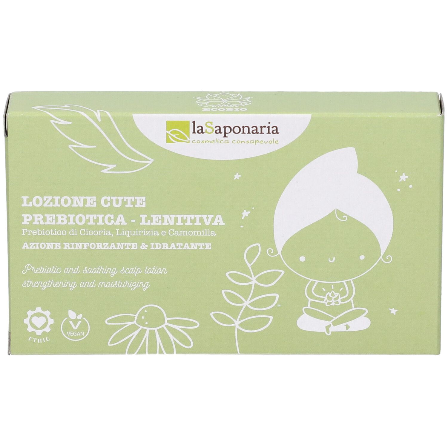 Scatola verde con stampa del prodotto. Logo: La Saponaria. Testo: Lozione Cute, Prebiotica, Lenitiva. Illustrazione di un bambino.