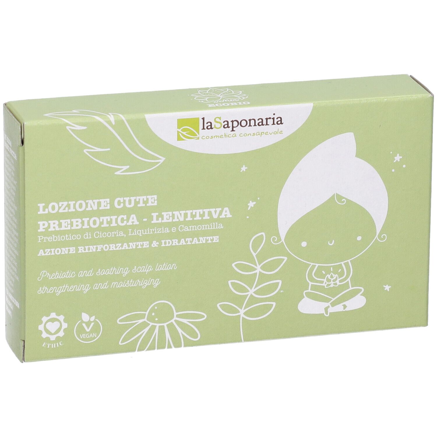 Scatola verde con stampa del prodotto. Logo: La Saponaria. Testo: Lozione Cute, Prebiotica, Lenitiva. Illustrazione di un bambino.