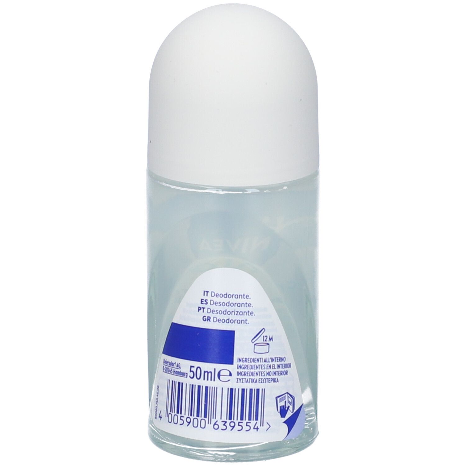 Retro del roll-on NIVEA Fresh Natural. Contenitore bianco, testo blu. Scritte: 50ml, ingredienti, durata 12M.