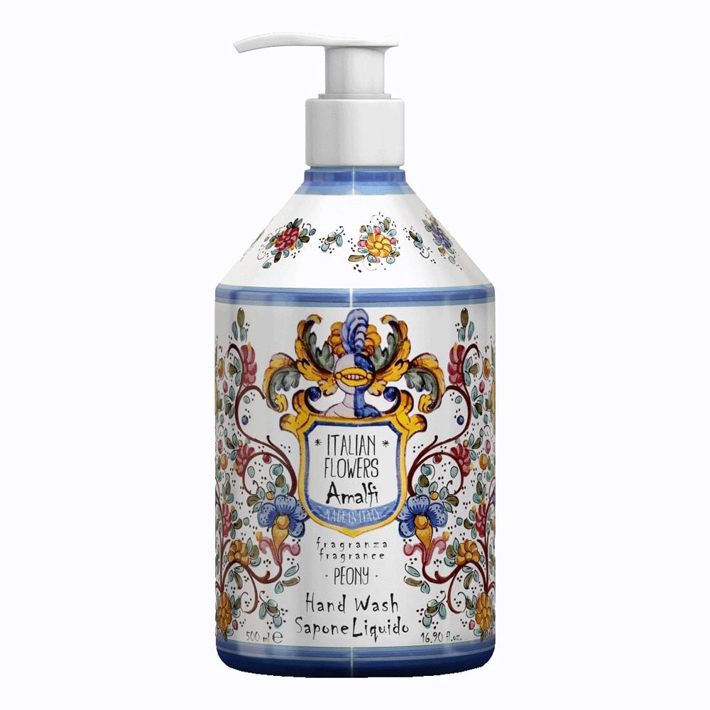 Dispenser bianco con motivi floreali e scritta "Italian Flowers Amalfi". Con pompa. Hand Wash.