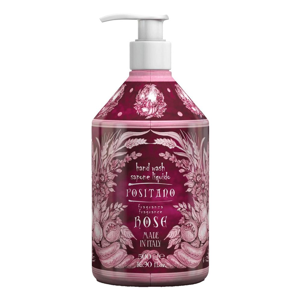 Flacone con dosatore. Scritta: POSITANO, ROSE, MADE IN ITALY. Elementi decorativi.