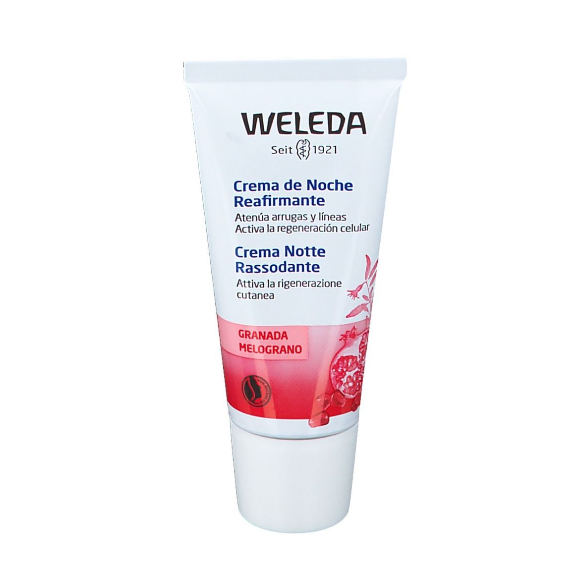 Crema Weleda. Tubo con testo e illustrazione di melograno. Certificazione bio.