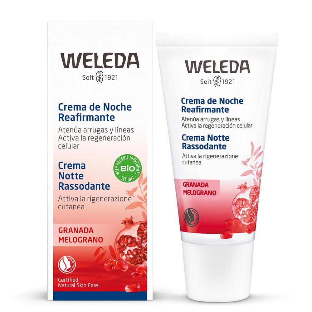 Crema Weleda e confezione. Testo e illustrazione di melograno. Certificazione bio.